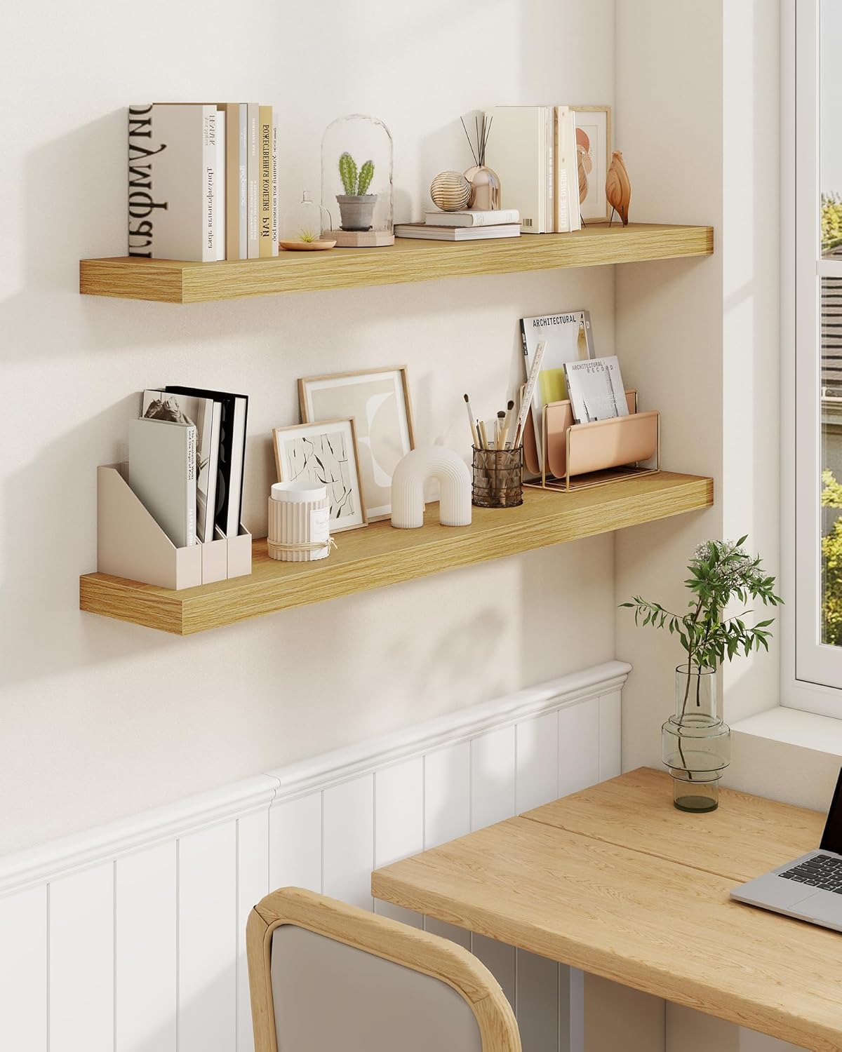 Marsmiles 6.7" Floating Shelves for Wall, Wooden Shelves with Invisible Brackets Set of 2, Rustic Farmhouse Wall Mounted Shelf for Kitchen Bathroom Living Room Study, Natural Oak