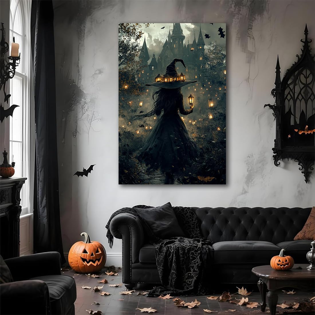 Halloween Witch and Haunted House Canvas Wall Art,Dark Academia Scary Witch Castle Posters Prints,Thriller Horror Gothic Wall Decor Pictures for Halloween Party House Decoration,20"x30" Unframed