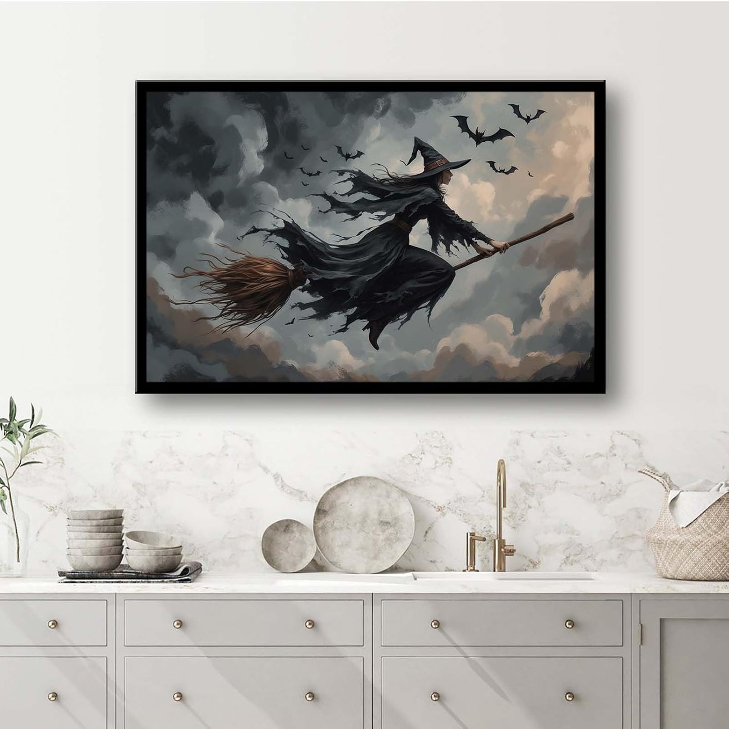JFHCQJPK Witch and bat flying Halloween poster suitable for home party wall decoration retro Halloween preppy style wall art canvas print suitable for room decoration16x24in Metal blackFramed
