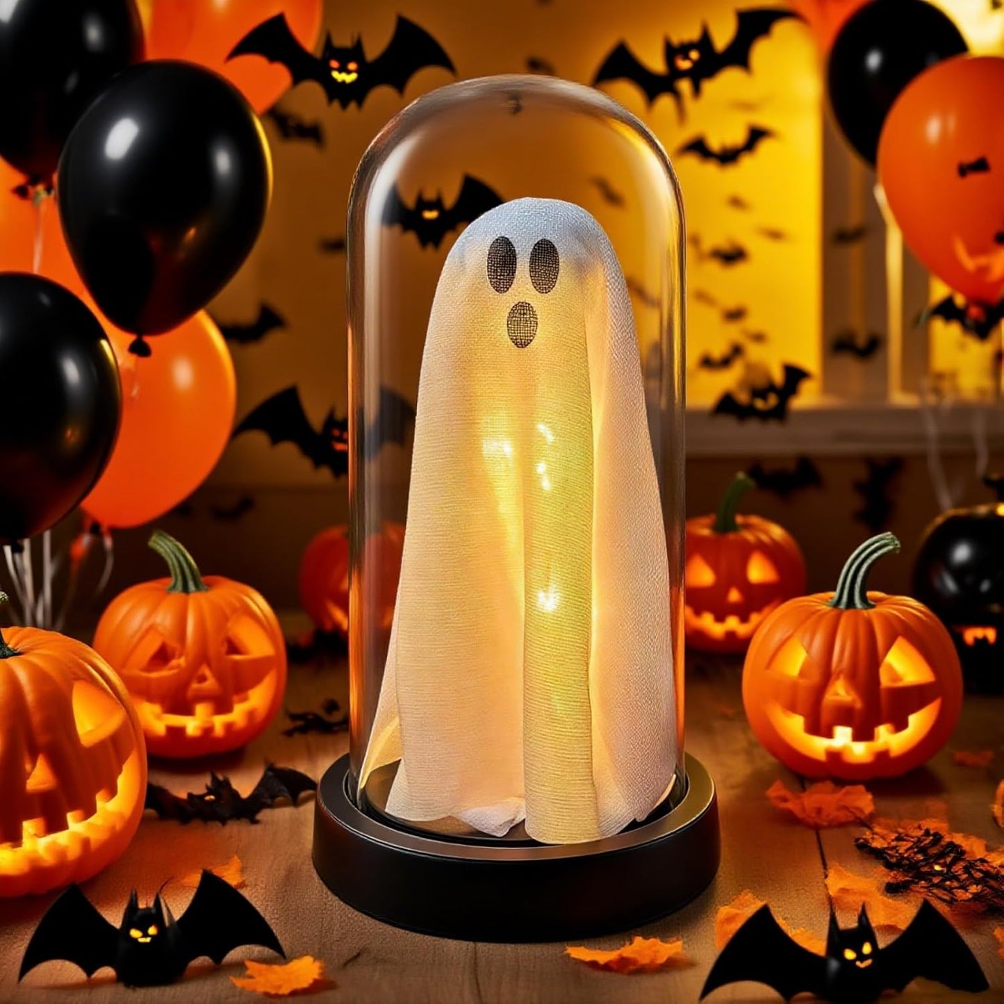 Light Up Ghost in Glass Cloche,Halloween Decorations Indoor,Cute LED Ghost Decor for Mantel,Tabletop,Cute Decorative Ornaments Suitable for Halloween Parties and Festivals(Warm Light,Glass Cover)