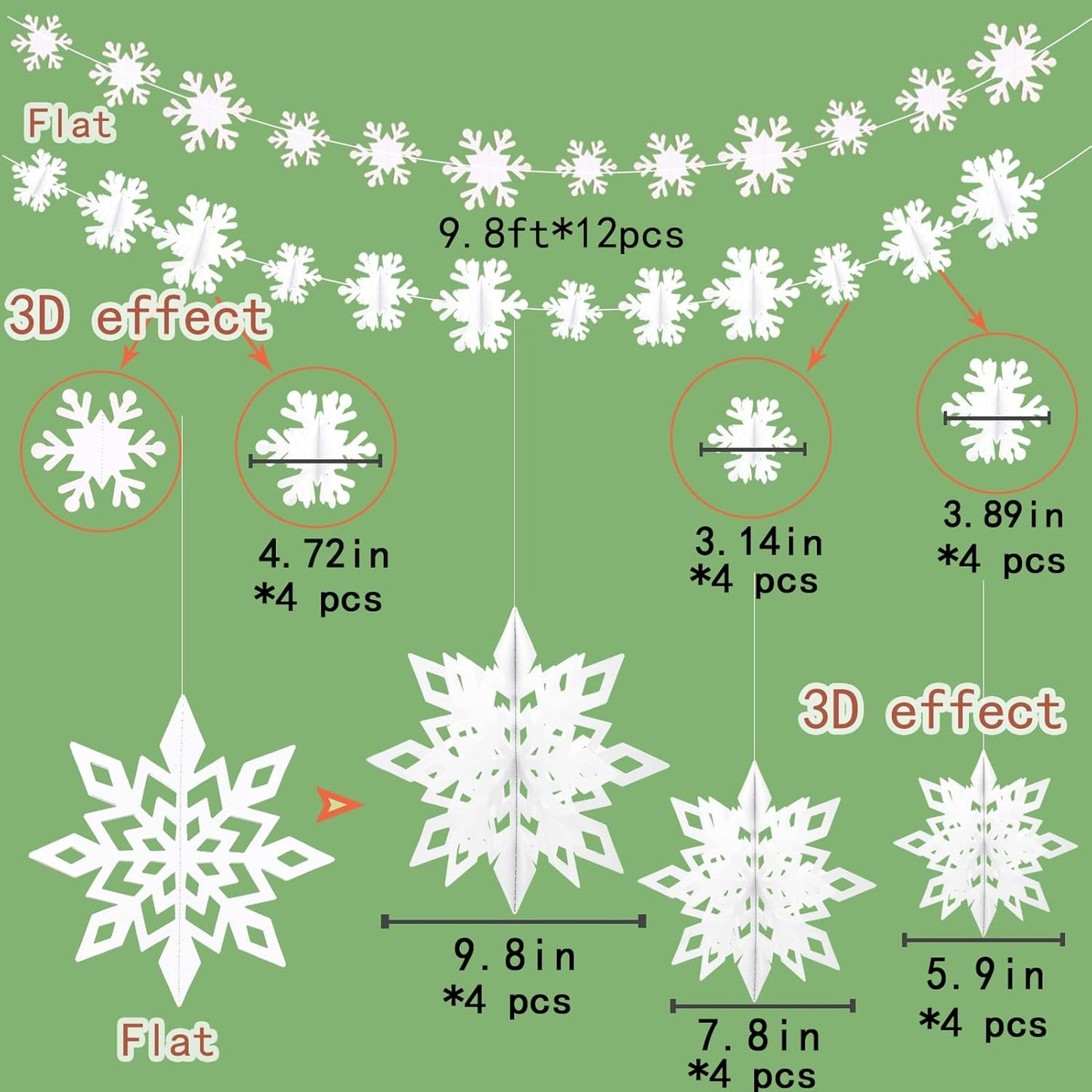 Winter Wonderland Frozen Party Snowflakes Decorations White 12pcs Hanging 3D Paper Snowflakes and Snowflake Garland for Christmas Birthday Party Decorations Supplies