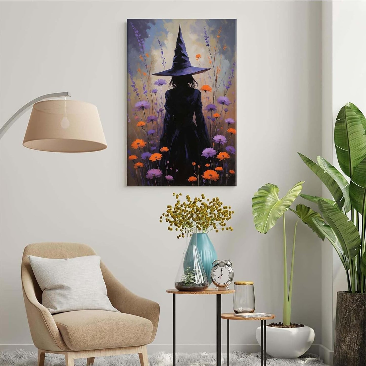 Country wildflower witch canvas print halloween mashup art witch purple decoration bohemian elegant art poster8x12in Wood Framed