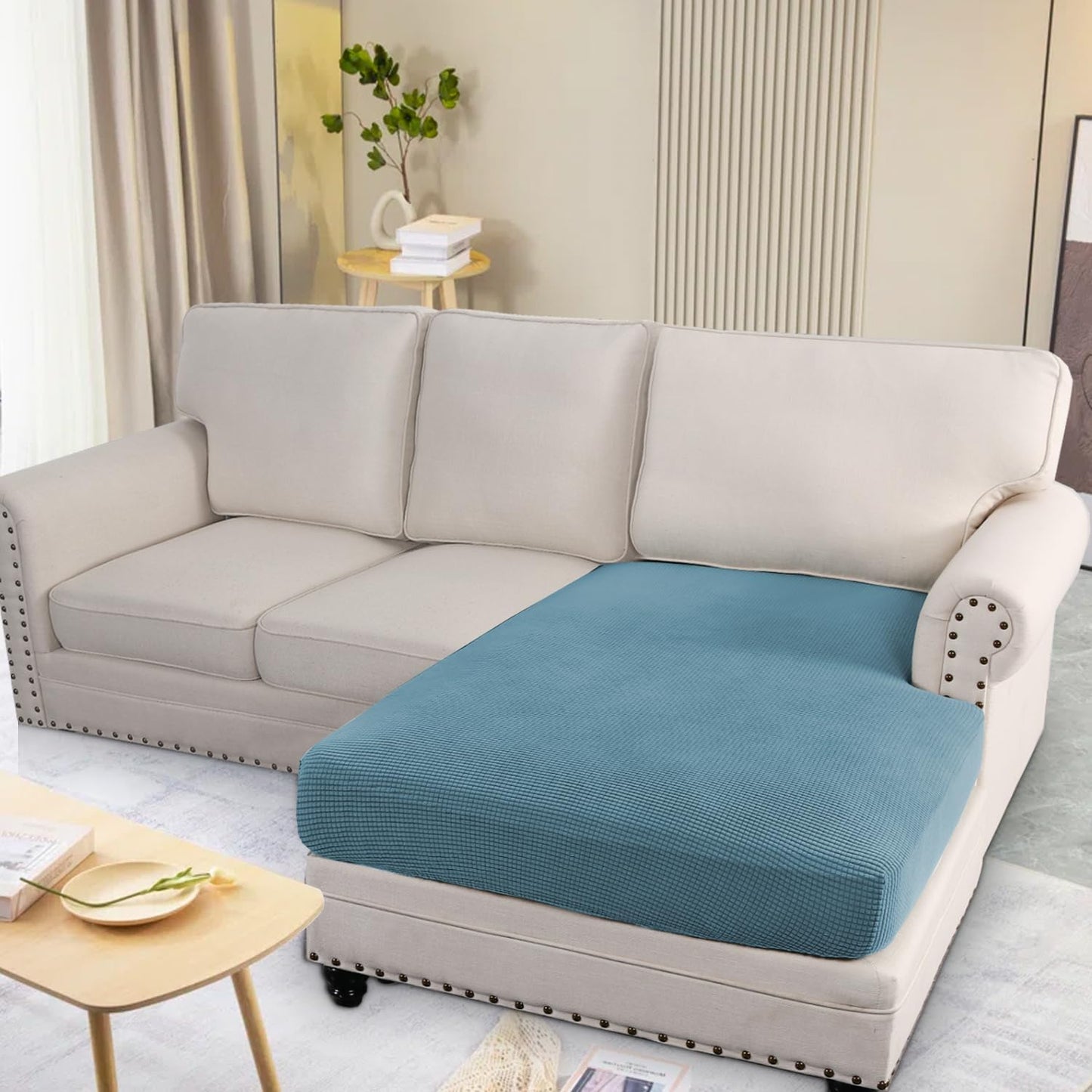 H.VERSAILTEX Super Stretch Individual Chaise Cover Sectional Couch Covers for L Shaped Sofa Both Left/Right Featuring Thick Jacquard Textured Twill Fabric (1 Piece Chaise Cover, Storm Blue)