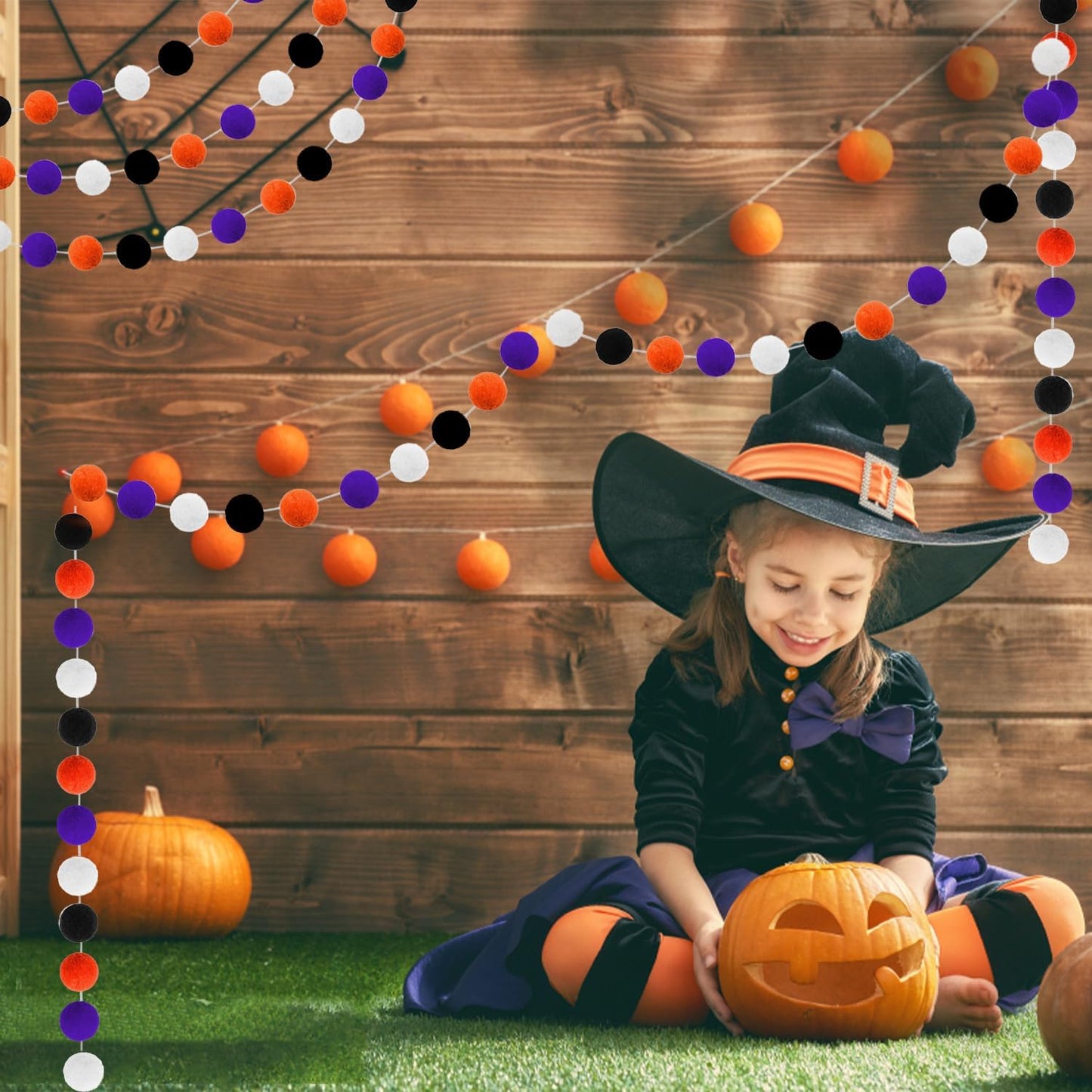 Jishi Fall Event Garlands, 3pk Orange Black White Felt Pom Pom Garland, 6.6ft Long, 25mm 24 Balls, Halloween Thanksgiving Party Decor