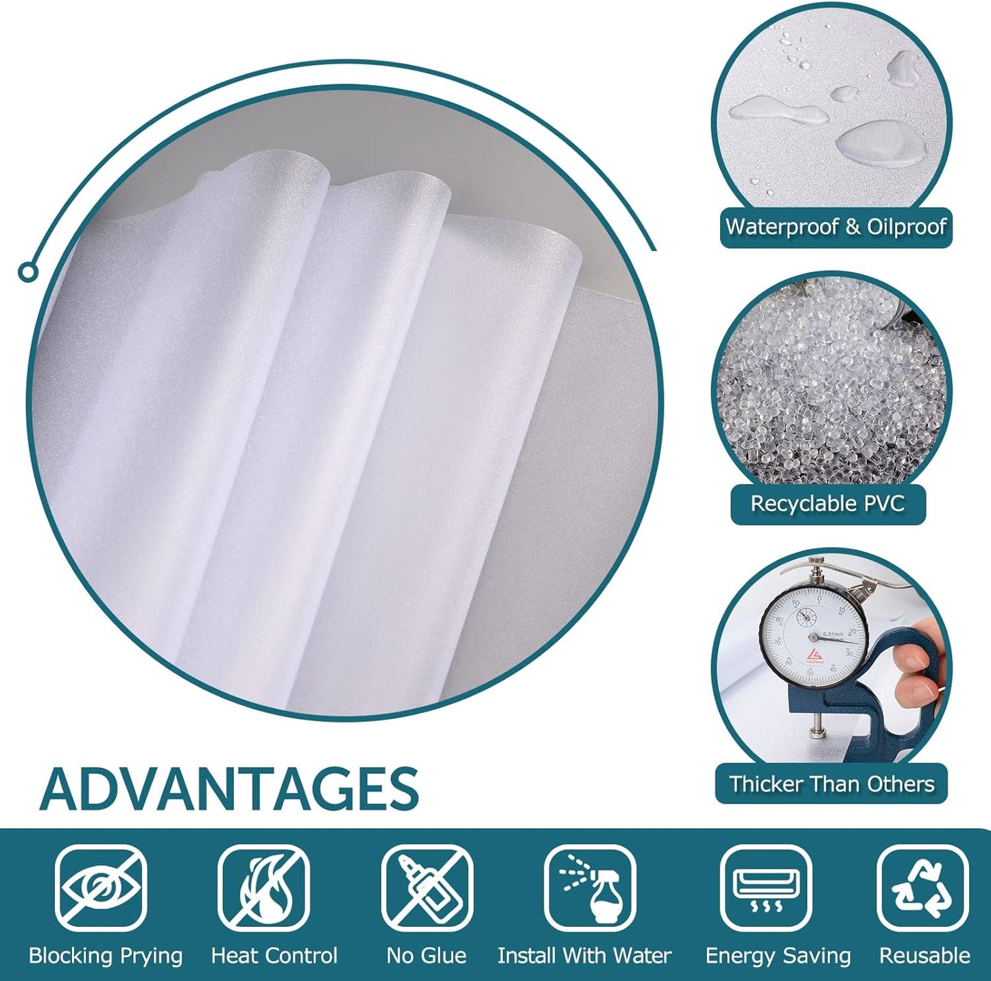 HIDBEA Frosted Window Privacy Film - Non Adhesive Static Cling Glass Stickers Sun UV Blocking Heat Control Door Covering Decals for Home Office, 55.1 x 196.8 Inch
