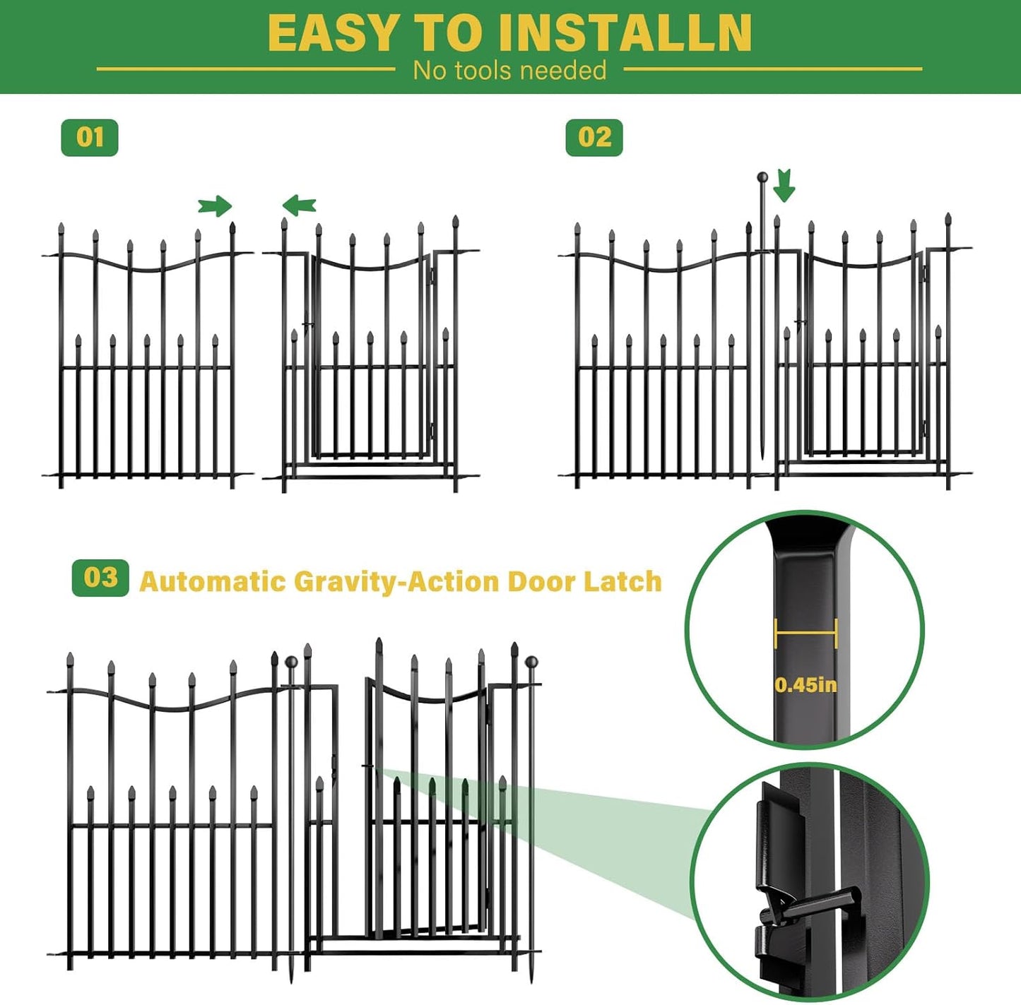 8 Panels No Dig Decorative Garden Fence, 40in(H)×17.6ft(L) Heavy-Duty Rustproof Metal Panels, Outdoor Dog Barrier for Yard & Patio, Landscape, Border| Portable Temporary Fencing