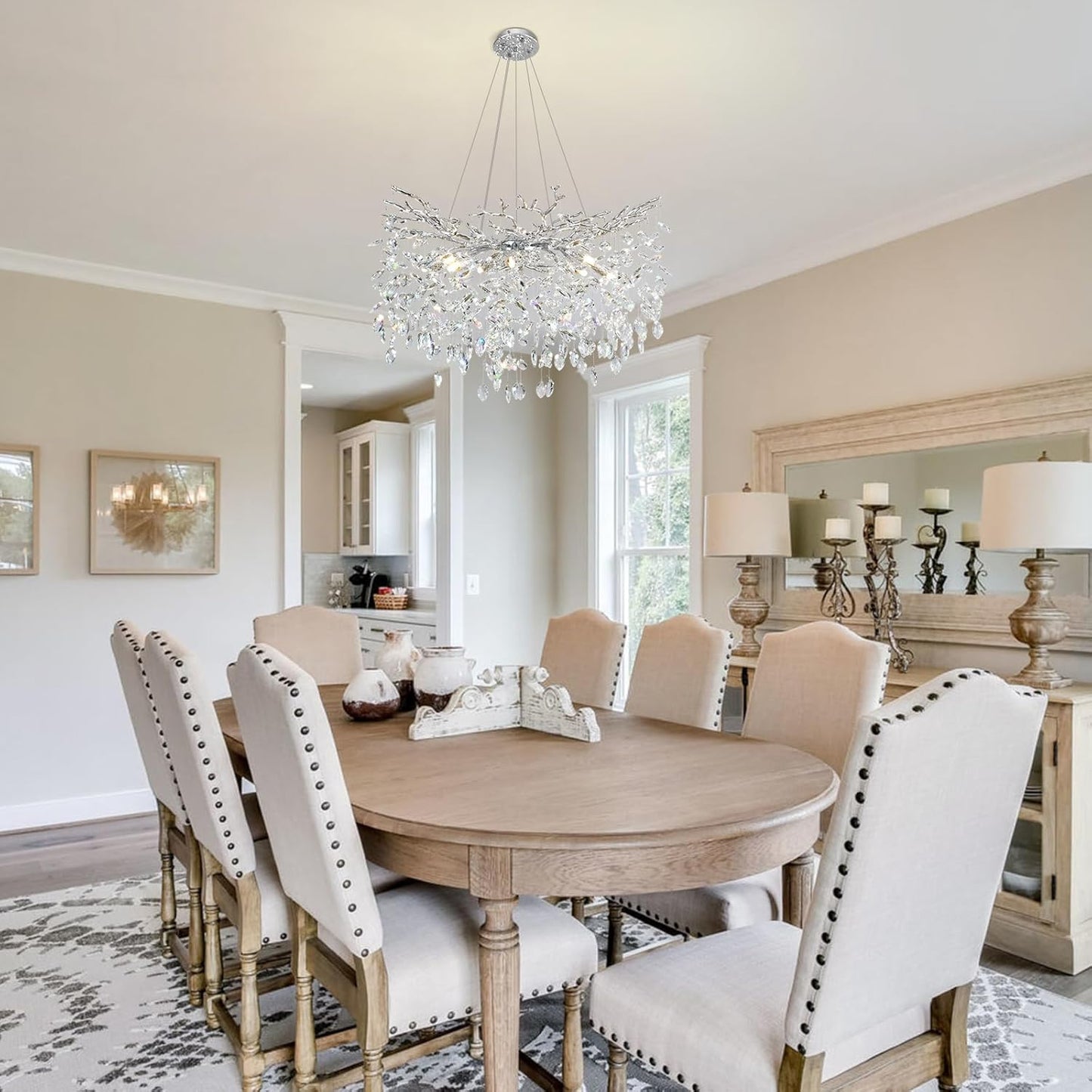 Modern Round Crystal Chandeliers, 30" Crystal Chandeliers for Dining Room,Silver Tree Branches Chandelier, for Living Room,High Ceiling,Foyer,Entryway,Kitchen Island