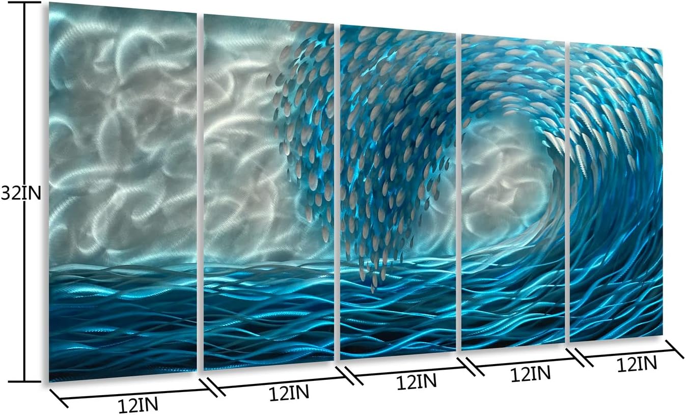 Yihui Arts Hand Crafted Blue Sea Wave 3D Metal Wall Art - Coastal 5 Panel Aluminum Sculpture for Big Abstract Office, Hallway, Fireplace, and Home Decor