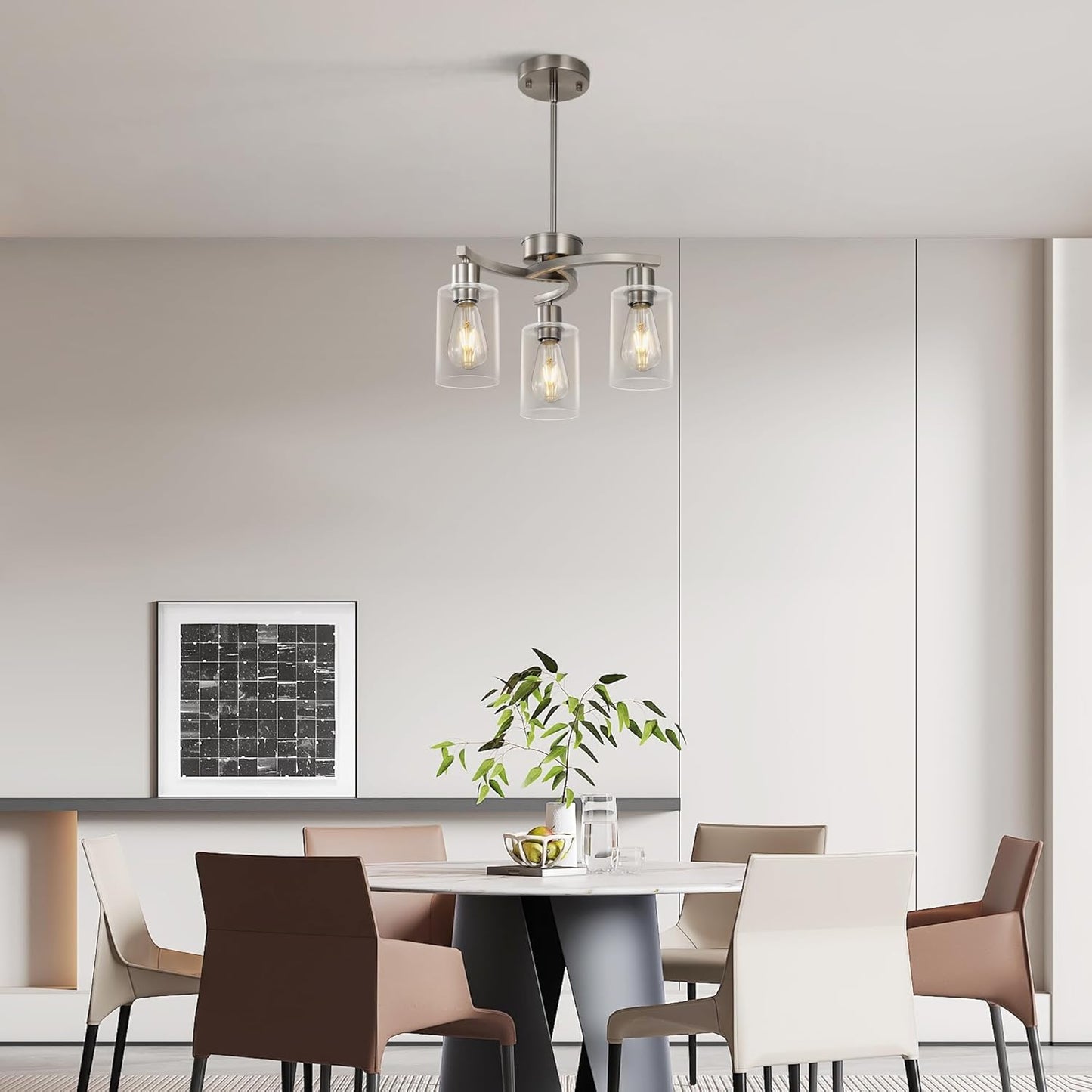 3-Light Brushed Nickel Dining Room Light Fixture,Modern Kitchen Chandeliers Over Table，Adjustable Height Industrial Hanging Pendant Lights for Kitchen Island with Glass Shade