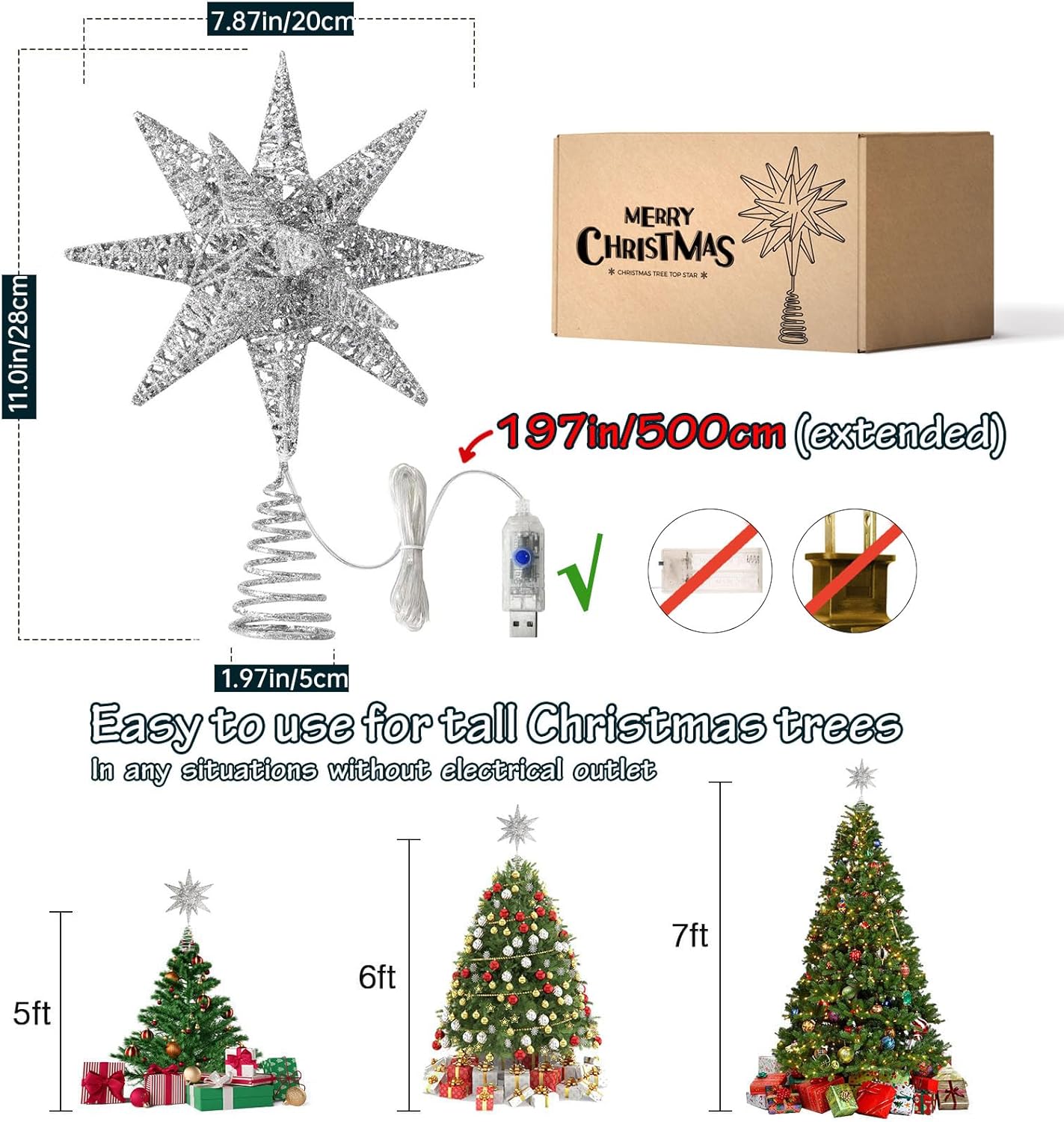 Christmas Tree Topper Star with White 50 LED Lights, Star Tree Topper for Christmas Tree Tradition Moravian Decor, 11X 7.87 Inch with 5m Long Line, Estrella para Arbol De Navidad, Silver