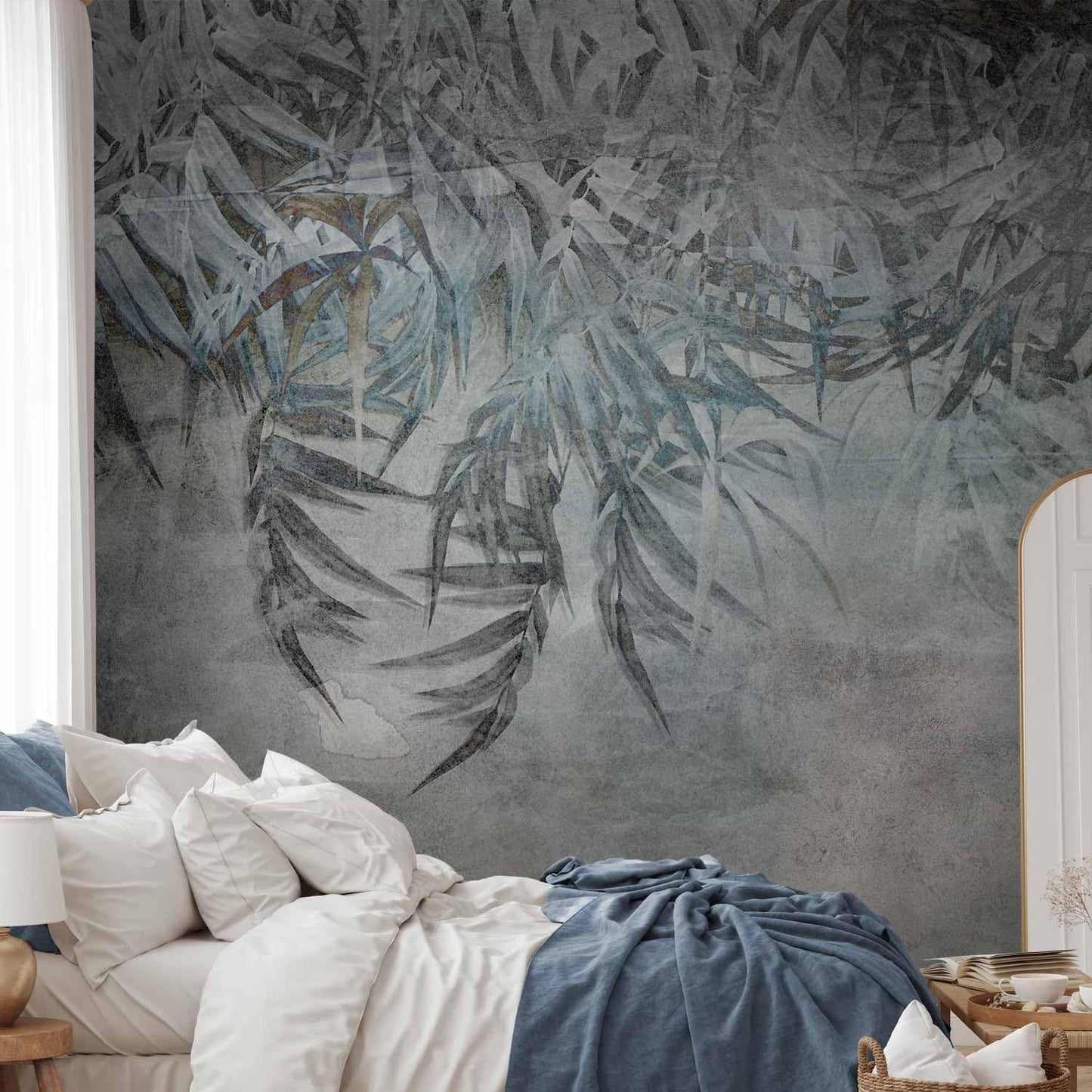 artgeist Wall Mural Leaves 79x55 in - XXL Non-Woven Wallpaper Fleece Wall Decor Photo Print Picture Image Design Palm Leaves Concrete Nature Grey b-C-10103-a-a