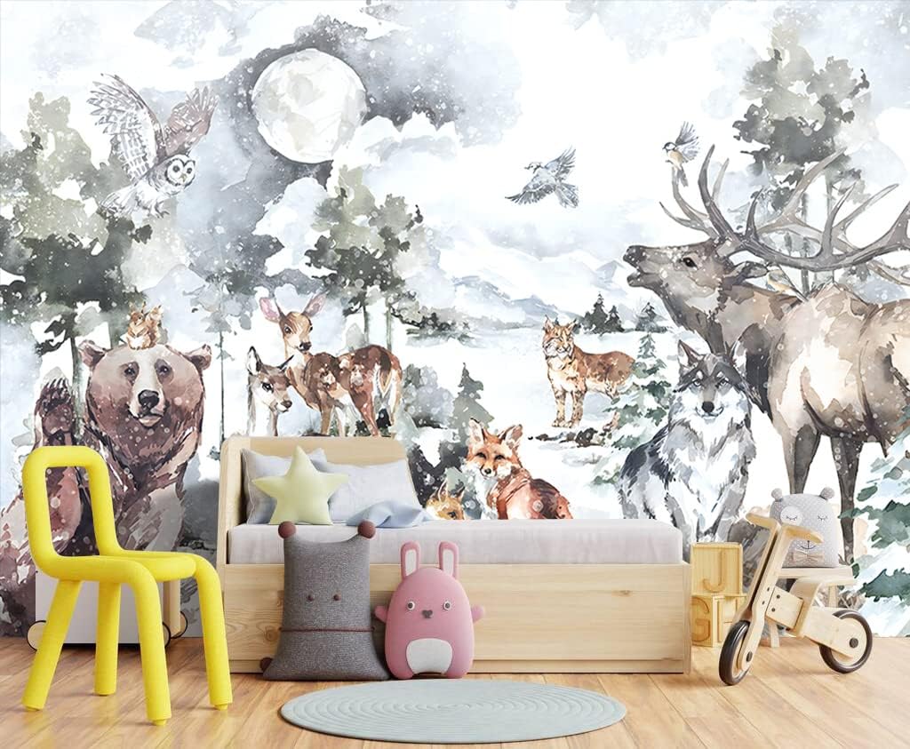 Boys or Girls Cartoon Watercolor Animals wallpeper Nursery Kids Bedroom Wall Mural - 91"x65"（Not Peel and Stick）