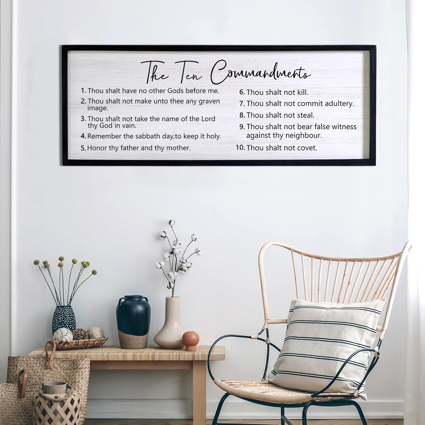 The Ten Commandments Rustic Bible Verse Framed Wall Art, 40''×15'' Positive Religious Christian Saying Sign for God Jesus Christ Prayer, Vintage Horizontal Holy Inspirational Catholic Scripture Decor