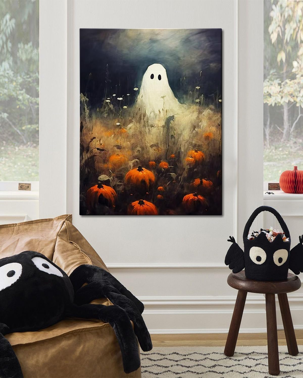 Halloween Canvas Wall Art, Spooky Ghost in Pumpkin Patch Poster, Vintage Gothic Fall Decor, Dark Academia Fall Decor for Living Room, Framed Indoor Halloween Decorations