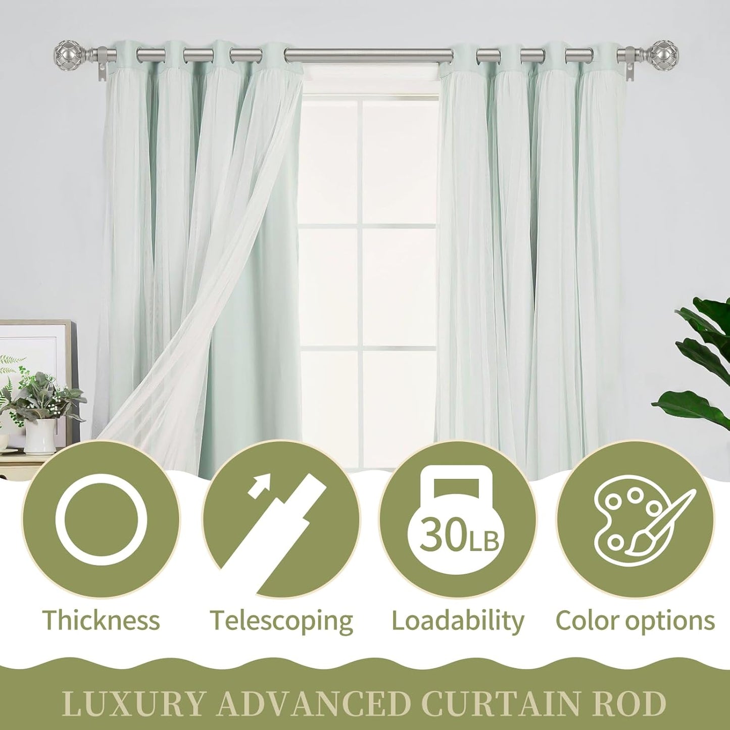 Silver Adjustable Curtain Rods for Windows:18-60 Inch Farmhouse Heavy Duty Curtain Rod for Bedroom Living Room,Boho Decorative Rustic Drapery Rods with Vintage Coastal Finial,Antique Silver