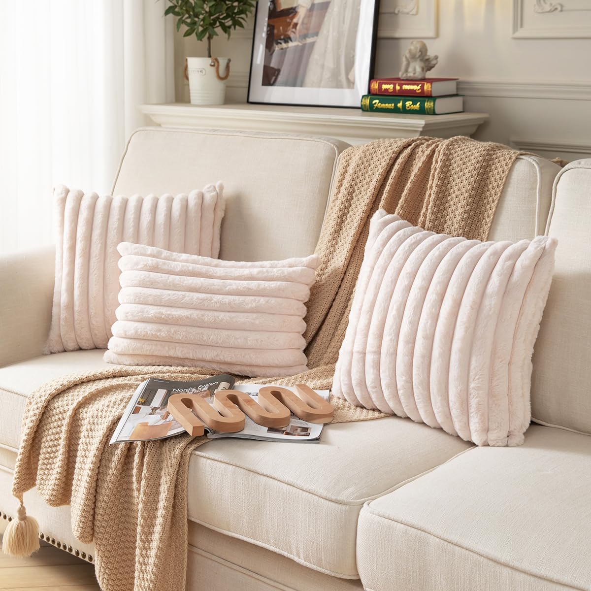 DEELAND Pack of 2,Double-Sided Faux Fur Plush Decorative Throw Pillow Covers Fuzzy Striped Soft Pillowcase Cushion Covers for Sofa Couch Bedroom Beige 20x20 inch