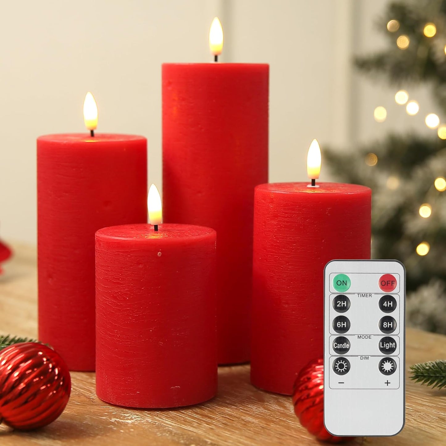 LUSHABOR Flameless Candles, 4 Pack Battery Operated Candles with Remote, Real Wax LED Fake Candles with Timer Flickering for Christmas Wedding Home Party D3 H 5" 6" 7" 9" Red