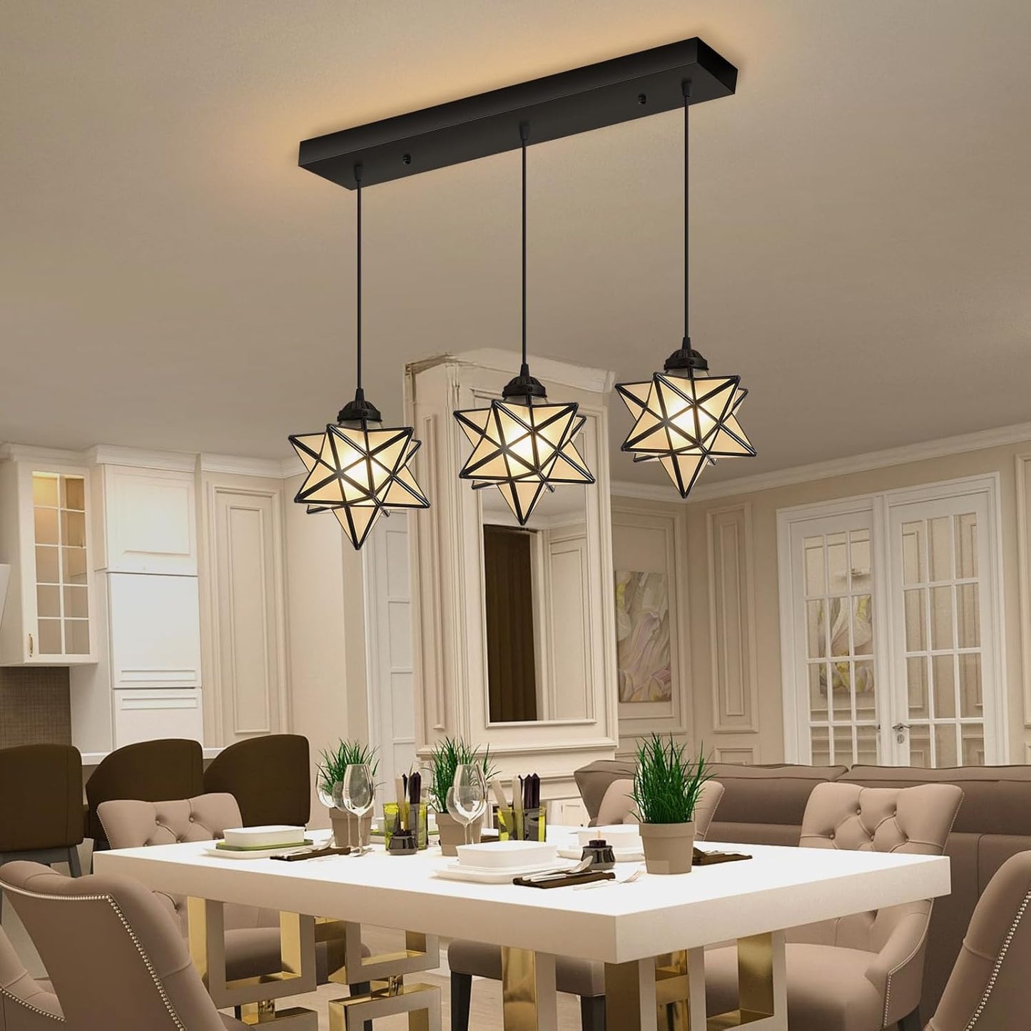 Modern Frosted White Glass Chandelier Dining Room Farmhouse Star Pendants Lights for Kitchen Island LED Ceiling Hanging Lighting Included Warm Light Bulbs Black
