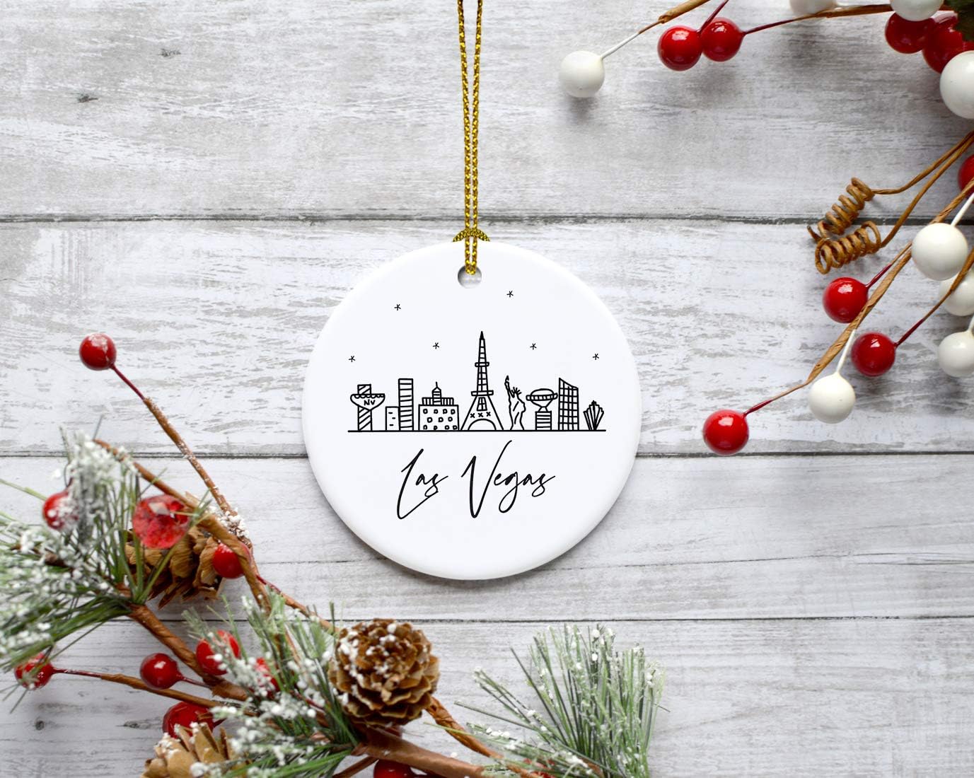 Andaz Press Round Ceramic Porcelain Christmas Tree Ornament Keepsake, Las Vegas Black and White Stars City Skyline Graphic, 1-Pack, Birthday Gift Idea for Family, Coworker, Him, Her, Includes Gift Box