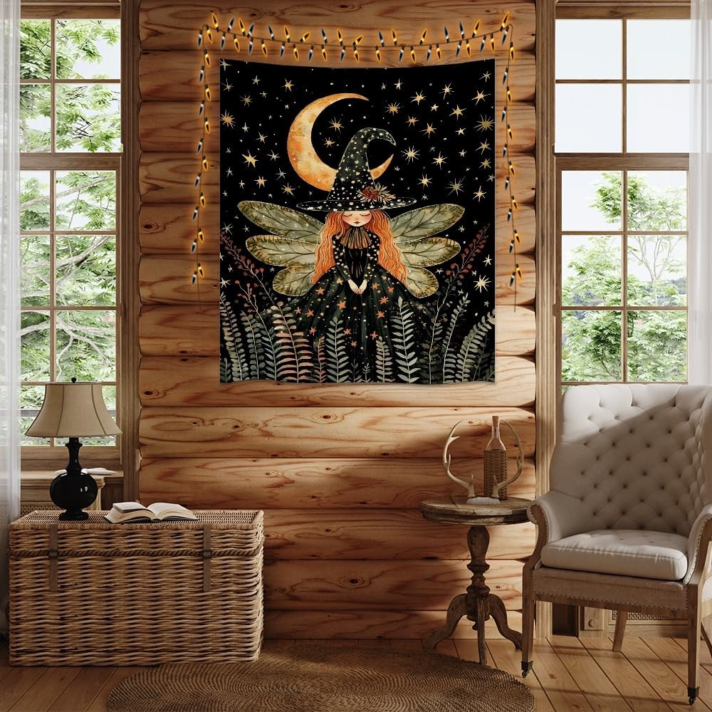 Dark Academia Witch Fairy Tapestry Wall Hanging Magical Moon Starry Night Art Print Halloween Witchy Artwork Aesthetic Wall Tapestries for Girls Bedroom Living Room Dorm Decoration 40x60inch