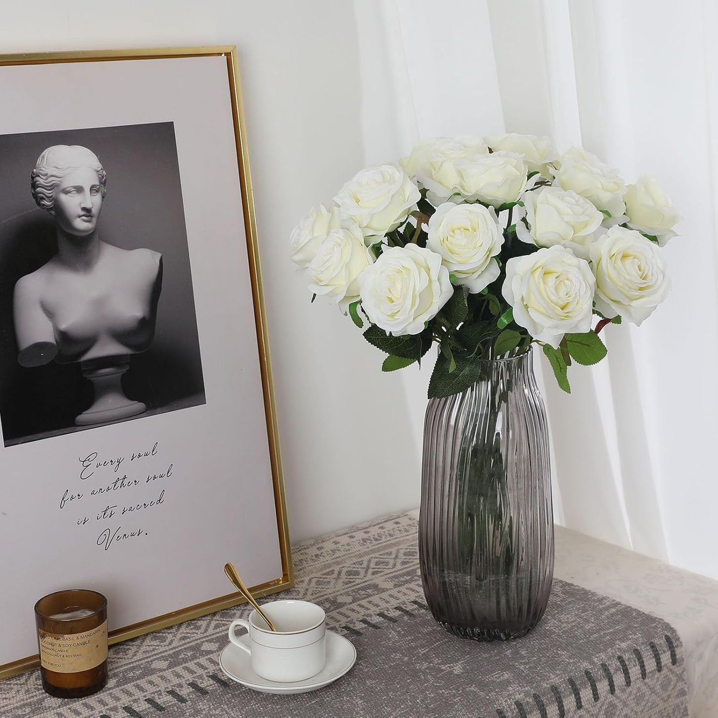 White Fake Roses Artificial Flowers - 16 Pcs Fake Artificial Roses Silk Flowers with Stems for Home Wedding Hotel Office Centerpiece Decor