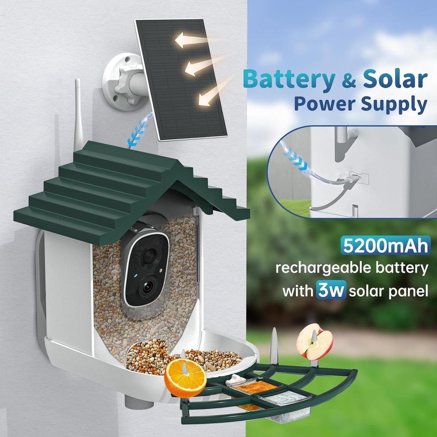 Smart Bird Feeder with Camera Solar Powered & AI Bi rd Identification, 2.4Ghz WiFi Bird feeders for Outdoors, 2K Live Video, Nstant Arrival Alerts - Best Gifts for Bi rd Lovers - Green