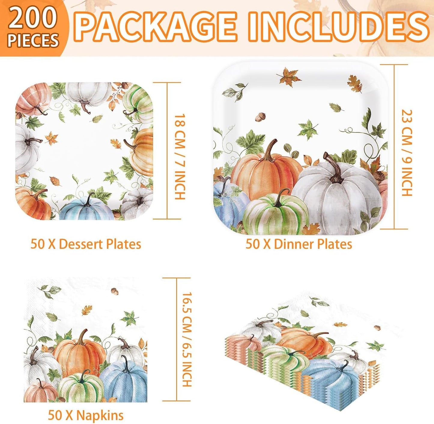 Grencian 200Pcs Fall Plates and Napkins Square Autumn Pumpkin Plates Thanksgiving Paper Platter Tableware Sets for Thanksgiving Harvest Party Decorations, Serves 50