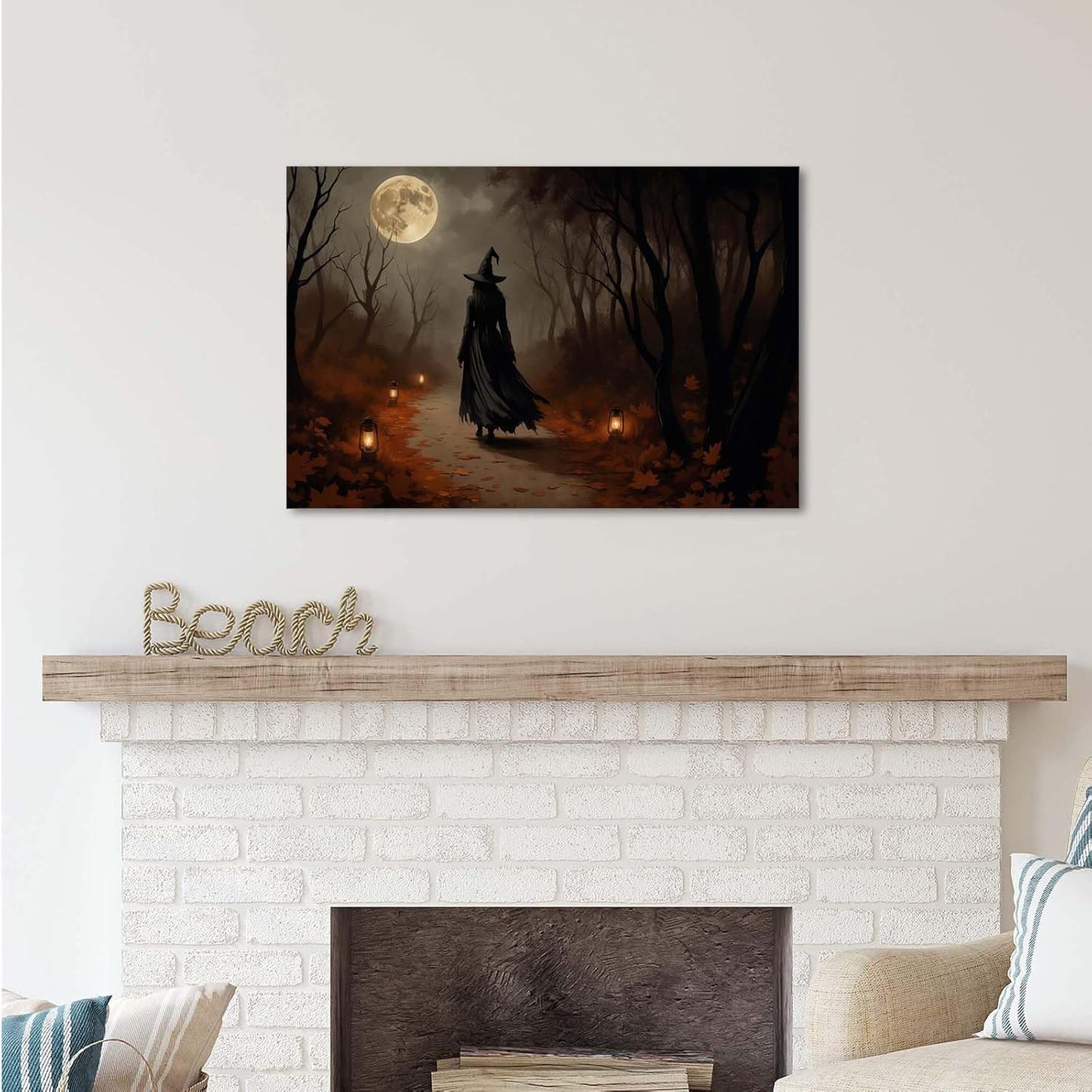 Moonlight witch poster dim lantern Halloween decoration Gothic style dark retro college style canvas wall art suitable for living room bedroom28x40in Wood Framed