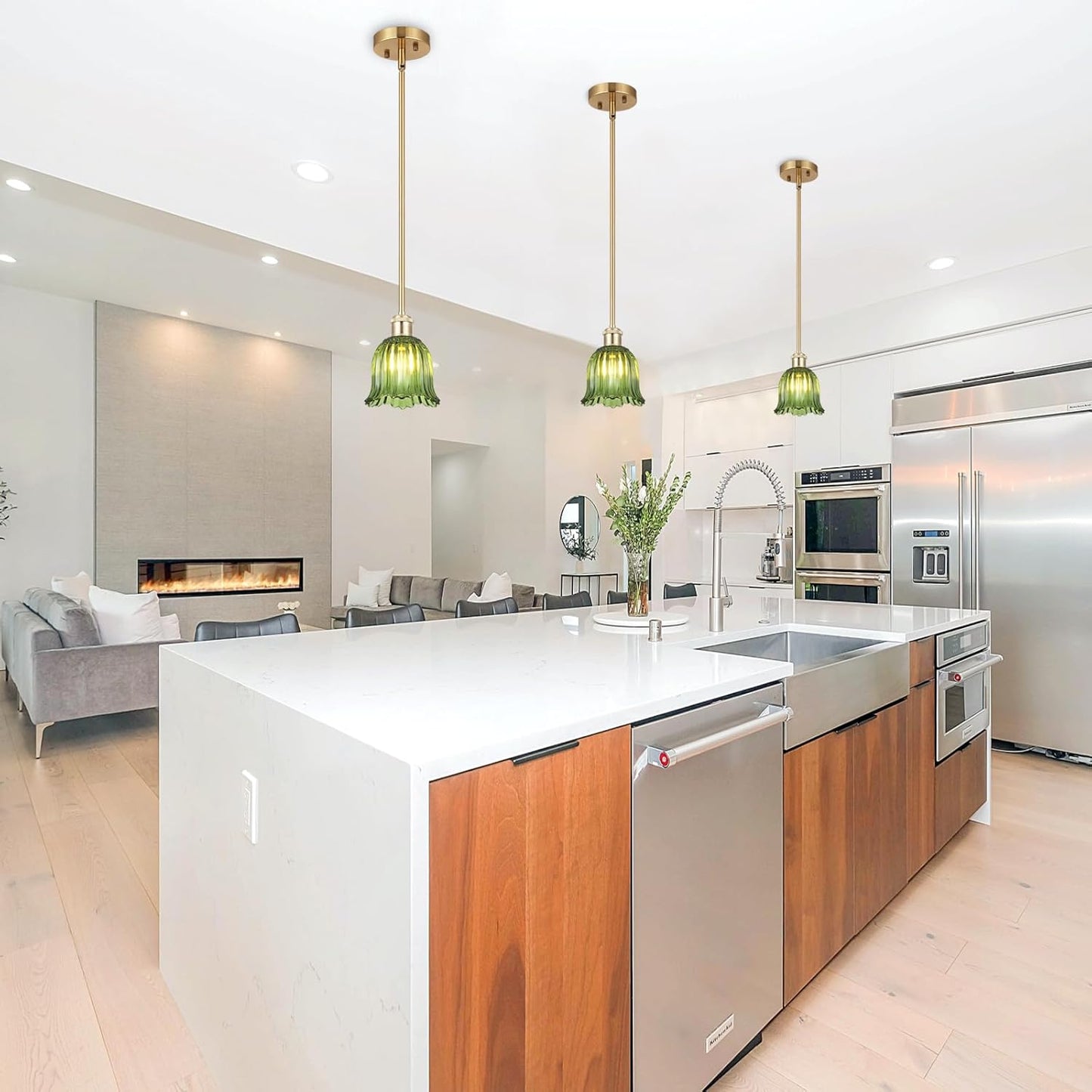 Modern Gold Pendant Light 3 Pack Brushed Brass Mid Century Chandelier Green Glass Shades Adjustable Rods Farmhouse Ceiling Hanging Lighting Fixture Kitchen Island Dining Room Bedroom