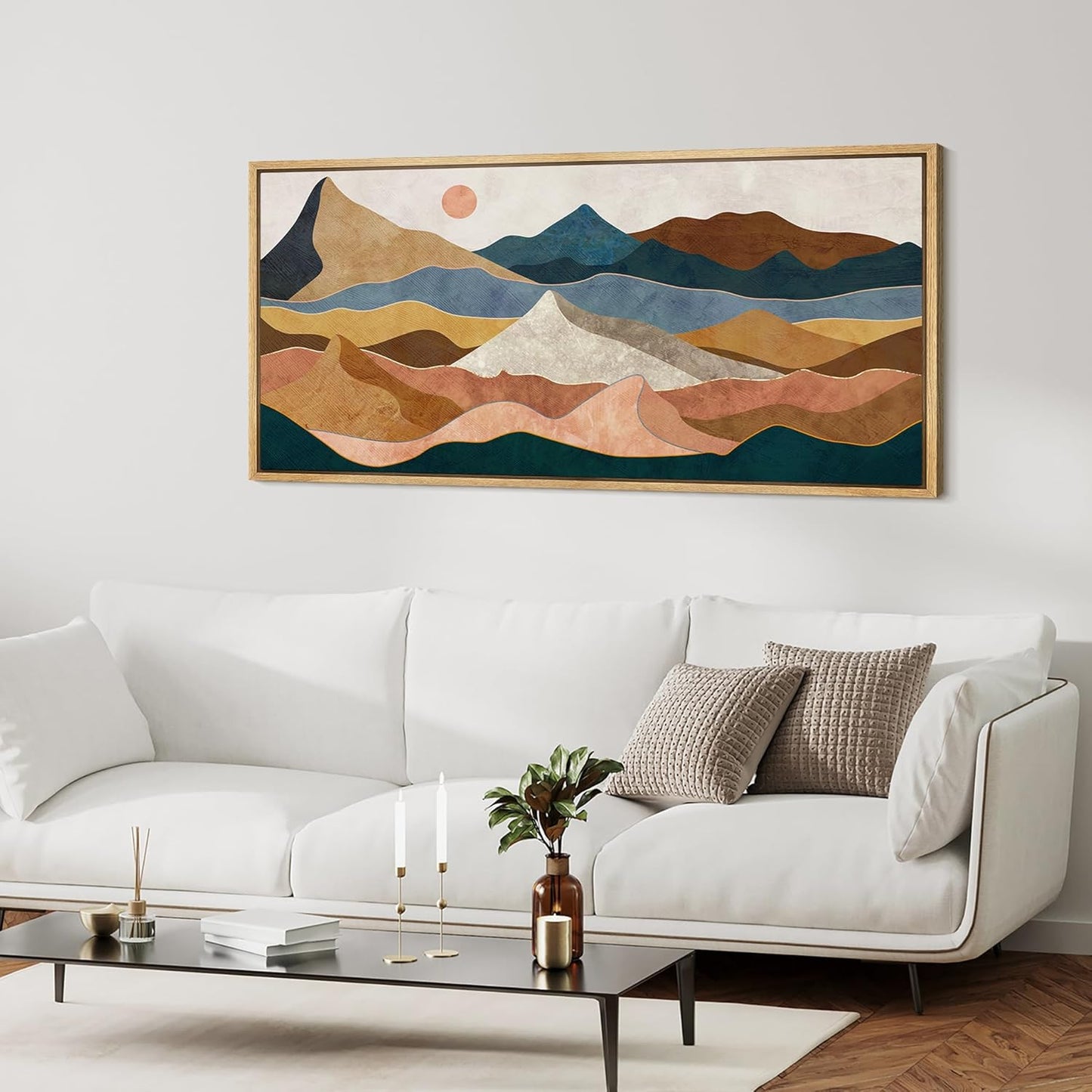 MUDECOR Extra Large Framed Canvas Print Wall Art Desert Peaks Colorful Geometric Mountain Illustrations Antique Retro Fine Art Illustrations Decorative Colorful for Bedroom - 60"x30"