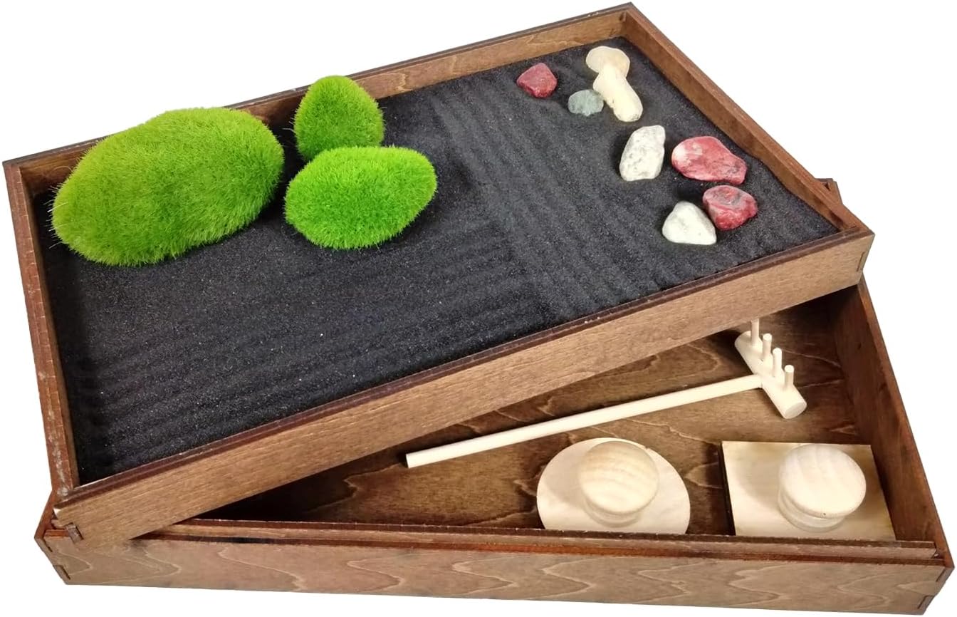 Wooden Stackable Zen Garden | Moonless Night Sand with Rake & Accessories | Minimalist Decor Gift for Relaxation