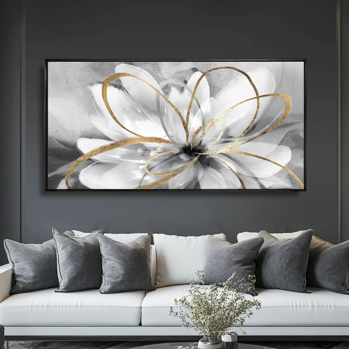 White Flowers Wall Art Canvas Wall Decor Large Floral Artwork Pictures for Living Room 24”x48” Framed Wall Picture for Women Girls Room