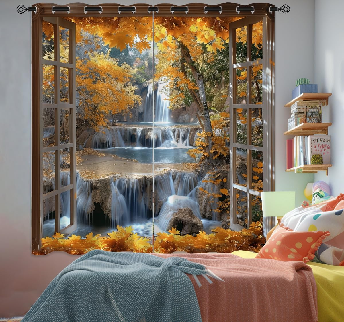 Landscape Blackout Curtains for Girls Boys Teens Home Decor, Nature 3D Autumn Fall Forest Maples Grommet Thermal Insulated Drapes Darkening Window Curtain for Bedroom Living Room, 42 x 45 Inch