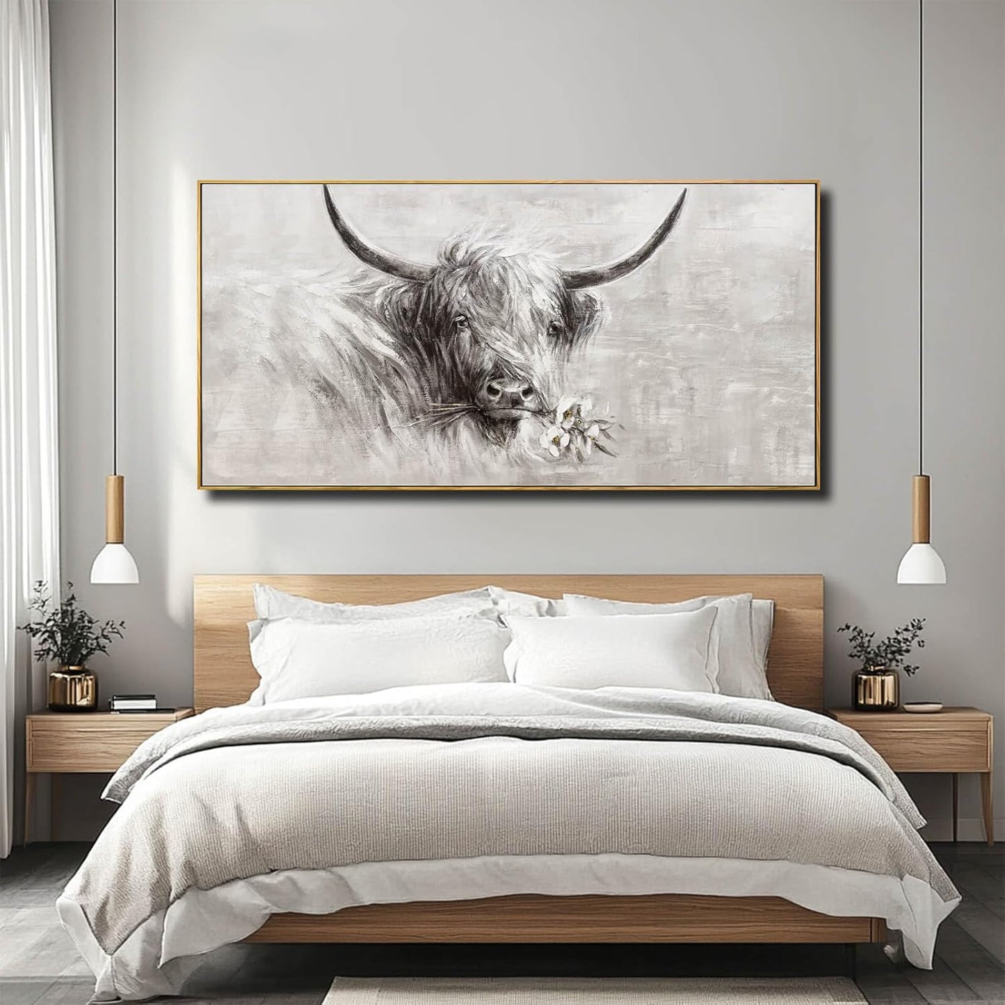 Farmhouse Wall Decor Framed Cow Artwork Grey Vintage Wall Art Canvas Flower Print Rustic Animal Pictures Style for Bedroom Dining Room 24x48 Inch