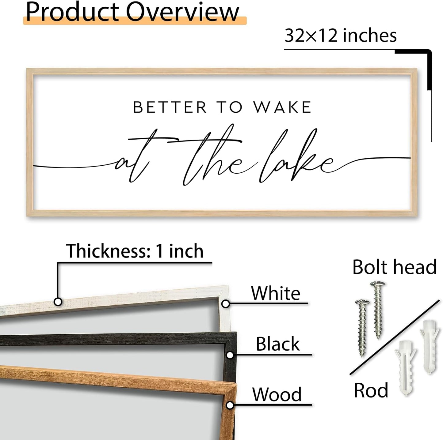 SRSZHIYUE Better To Wake At The Lake Wall Decor Above Bed Sign 32"×12" for Lake House Bedroom Over Bed Large Wood Framed Wall Hanging Art (Wood)