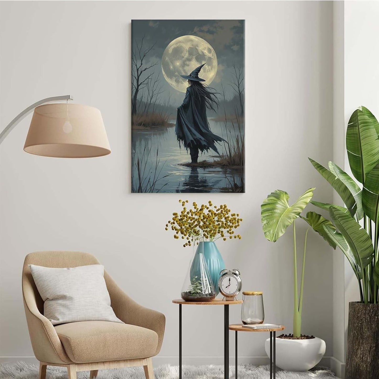 Witch in the moonlight magic canvas wall art enchanting Halloween home decor swamp witch silhouette oil painting mysterious gothic aesthetic wall decor print poster8x12in Wood Framed
