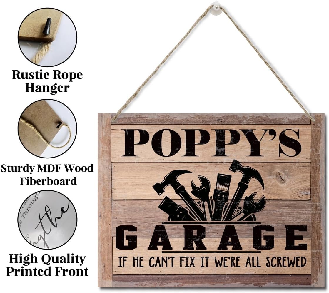 Rustic Sign, Father's Day Gift, Dad's Gift, Grandpa's Gift, Decor Hanging Wood Signs, Printed Wood Wall Art Sign, Poppy's Garage, If He Can't Fix It We're All Screwed, Vintage Sign Gift for Grandpa