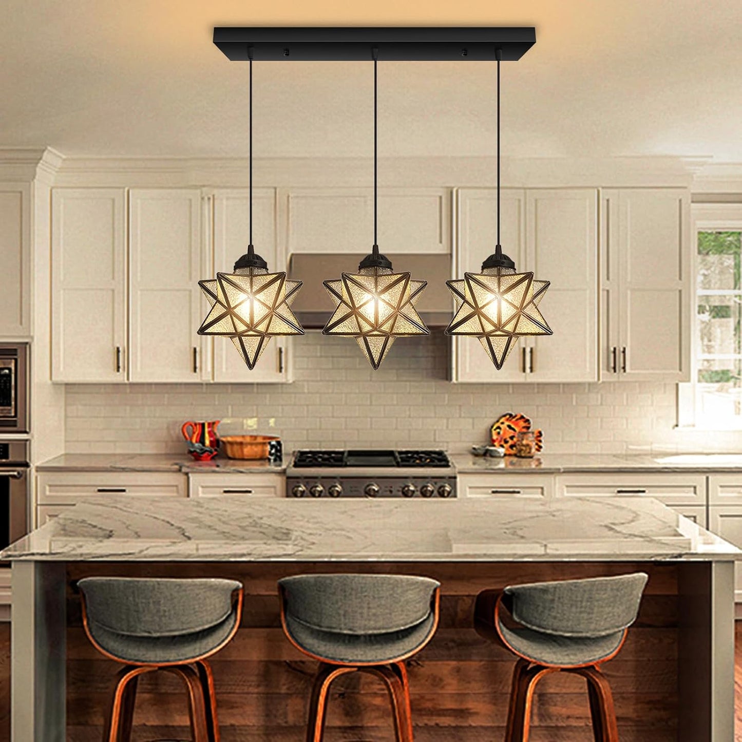 Modern Farmhouse Glam Chandelier Dining Room Glass Star Pendants Light Fixture Kitchen Island LED Ceiling Hanging Lights Included Warm Light Bulbs Black