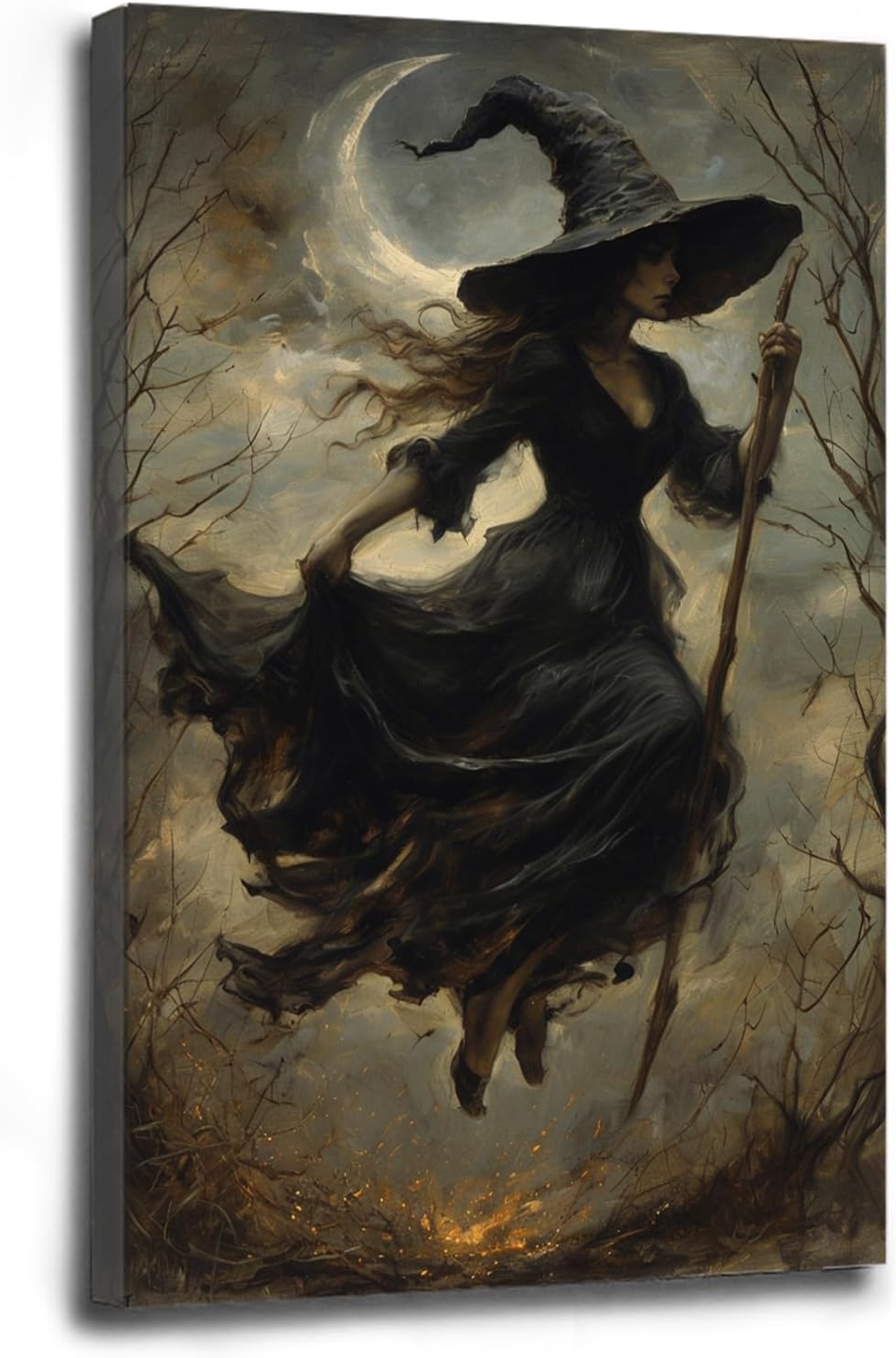 Witch in the Forest Halloween Print Wall Art Poster Witch Decor Vintage Print Dark College Wall Art Victorian Gothic Room Decor Canvas Wall Print12x16in Wood Framed
