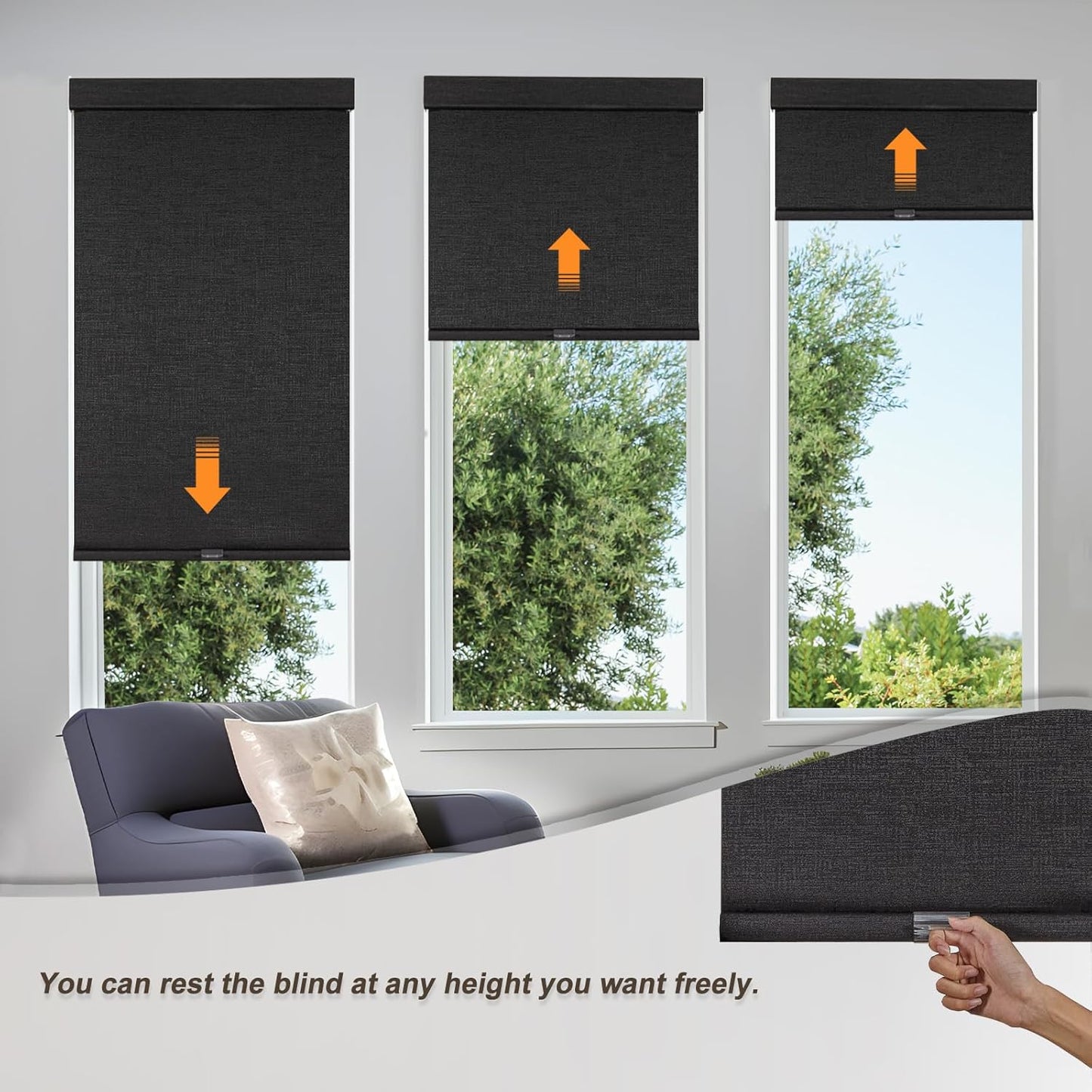 Persilux Free-Stop Cordless Blinds for Indoor Windows with Cover, Window Shades Blackout Roller Blinds, Thermal Insulated Fabric UV Protection for Kitchen, Office, Living Room, Black(37.5" W x 64" H)