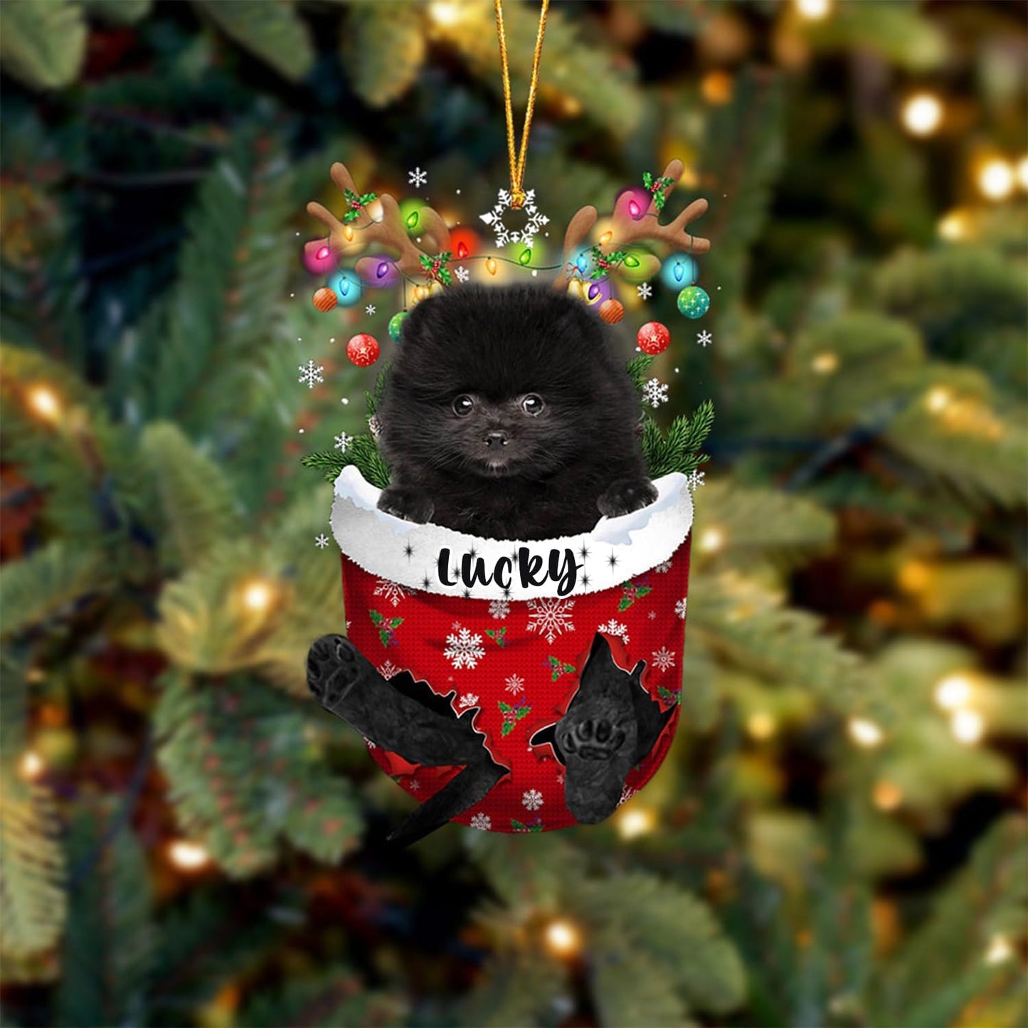 Black Pomeranian Dog Christmas Ornament, Black Pomeranian in Snow Pocket Christmas Tree Ornament, Dog Lovers Gift Idea Xmas Decor, Christmas Decorations for Tree, Christmas Ornament Gift for Dog Lover