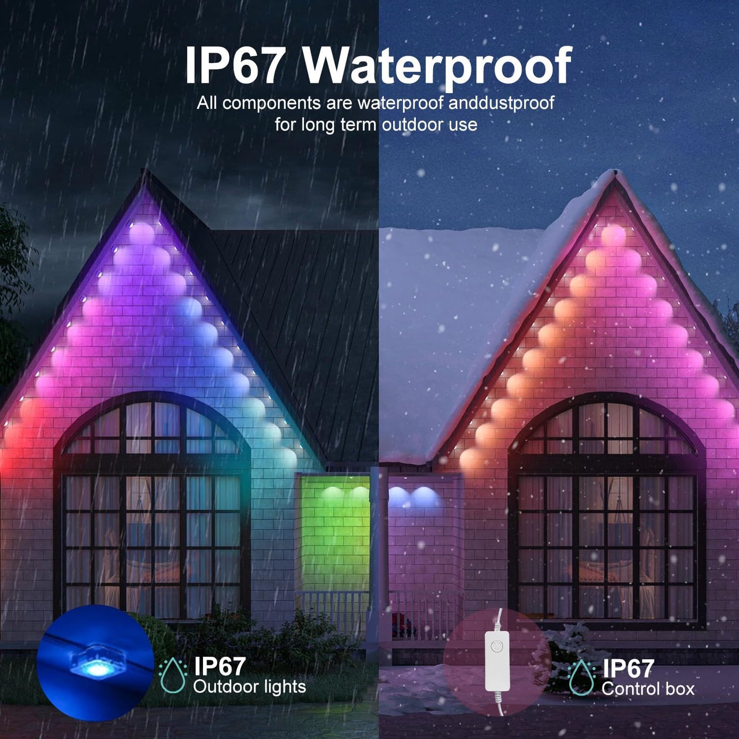 Permanent Outdoor Lights,Intelligent RGB+IC Outdoor Lights with a Wide Range of Scene Modes, IP67 Waterproof, Patio, Eave, Outdoor Decorations,with App/Remote Control (50FT)