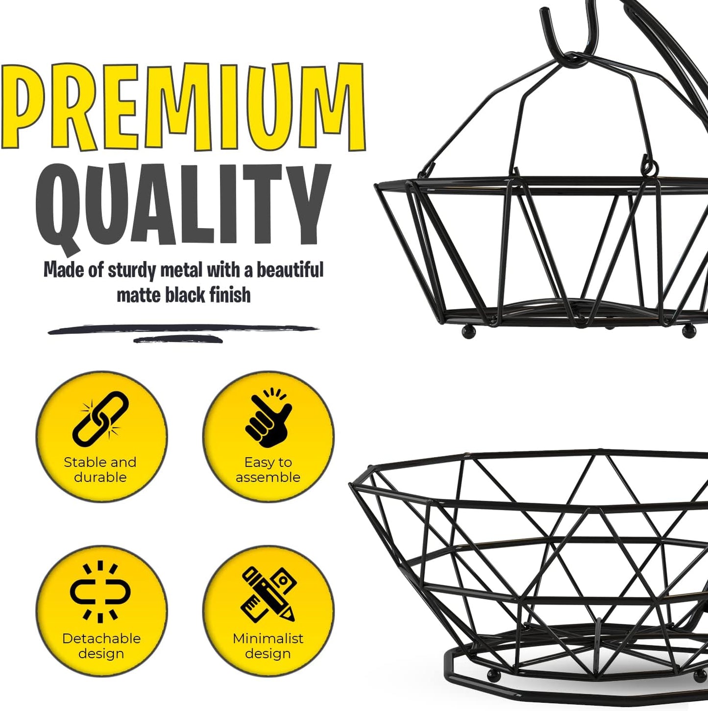 Fruit Basket with Banana Hanger and Fruit Bowl. Kitchen Counter Fruit Bowl with Banana Holder used as Bread, Vegetable or Produce Basket, Egg Holder, 2 Tier