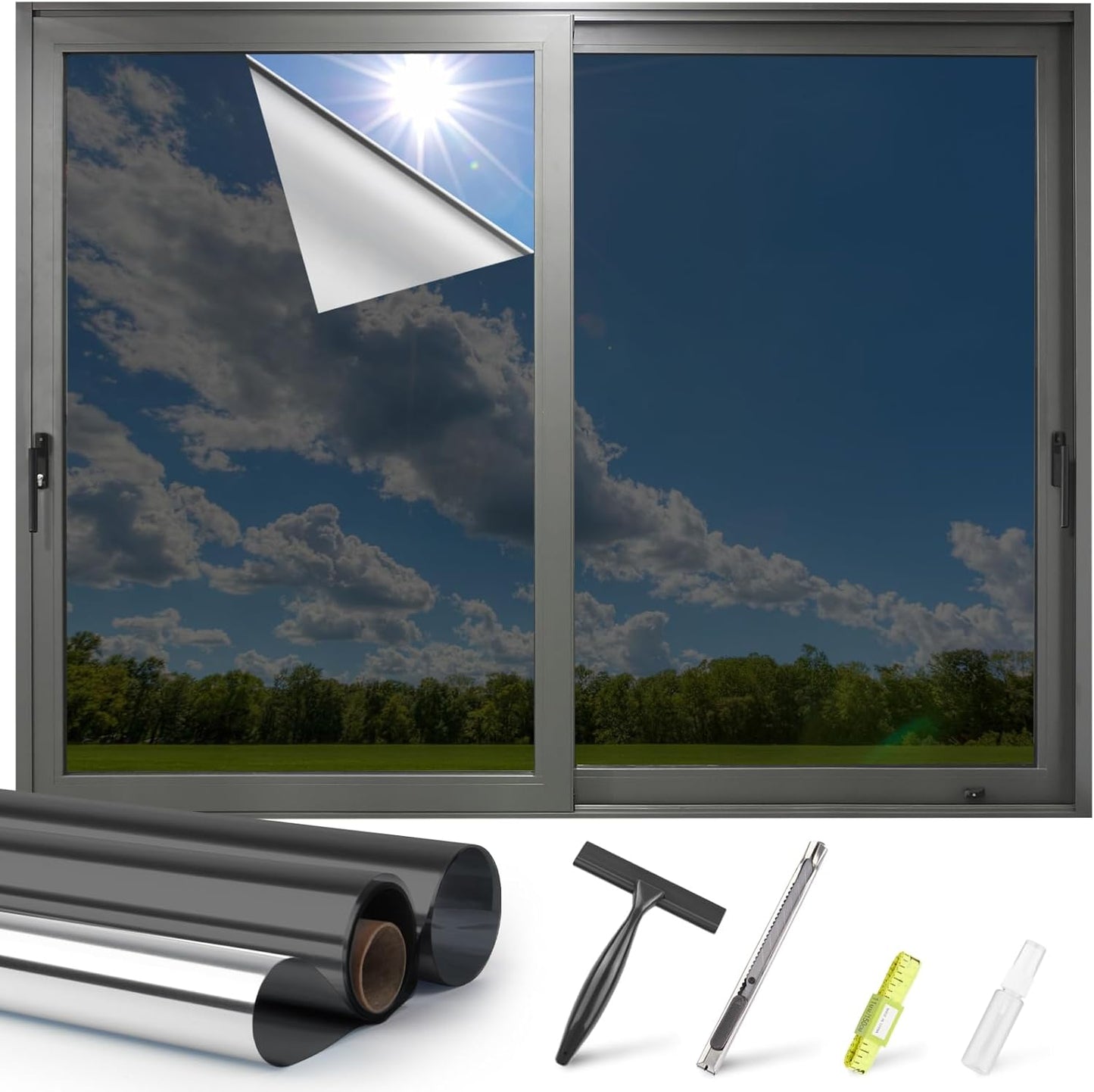 Kromapolis One Way Window Privacy Film Reflective Mirror Home Window Tint, Daytime Privacy Heat Control Anti UV Glass Tinting Static Cling (Black-Silver, 35.4 x 78.7 inch)