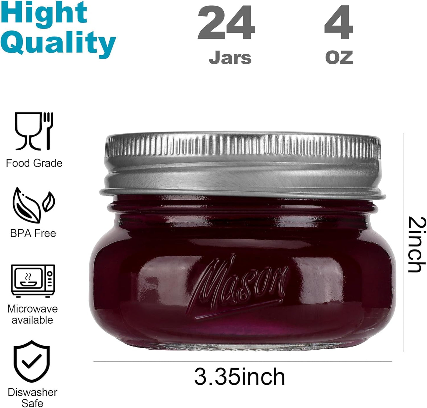 Mason Jars 4oz - 24Pack Glass Jars with Leak Proof & Food Grade Canning Jars for Spices, Dry Food Storage & DIY Crafts, Perfect for Home Cooks, Meal Prep, and Crafting Enthusiasts