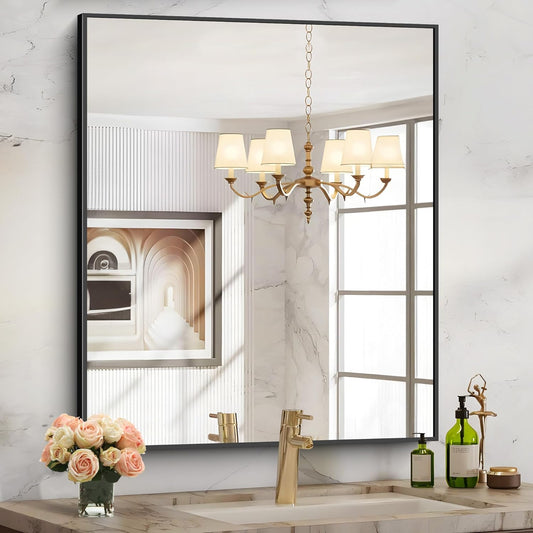 Black Bathroom Mirror for Wall, 30x36 Inch Rectangle With Metal Frame, Modern Vanity for Bathroom Living Room, Entryway Hangs Horizontal or Vertical