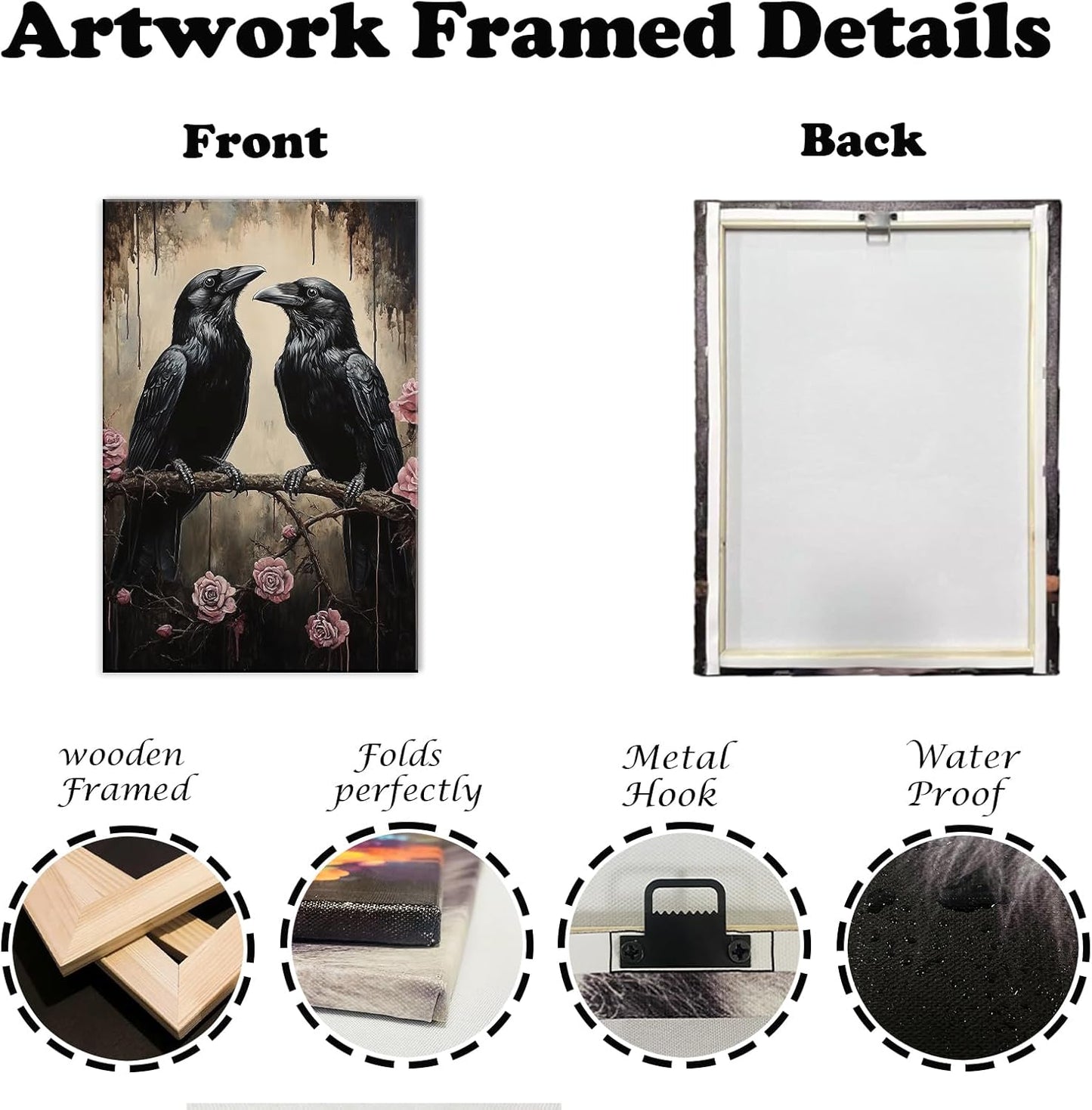 OAAPITI Crow Canvas Wall Art Black Raven Picture Print Pink Rose Poster Vintage Gothic Painting Artwork for Living Room Halloween Decor(Artwork-6,16"x24")