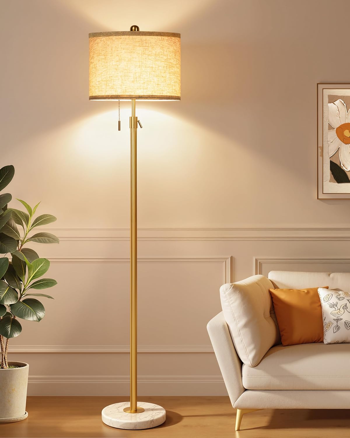 Modern Gold Floor Lamp for Living Room - Adjustable Height Standing Lamp with Marble Base & Linen Shade, 3-Way Dimmable Tall Floor Light for Bedroom, Reading, Bulb Included