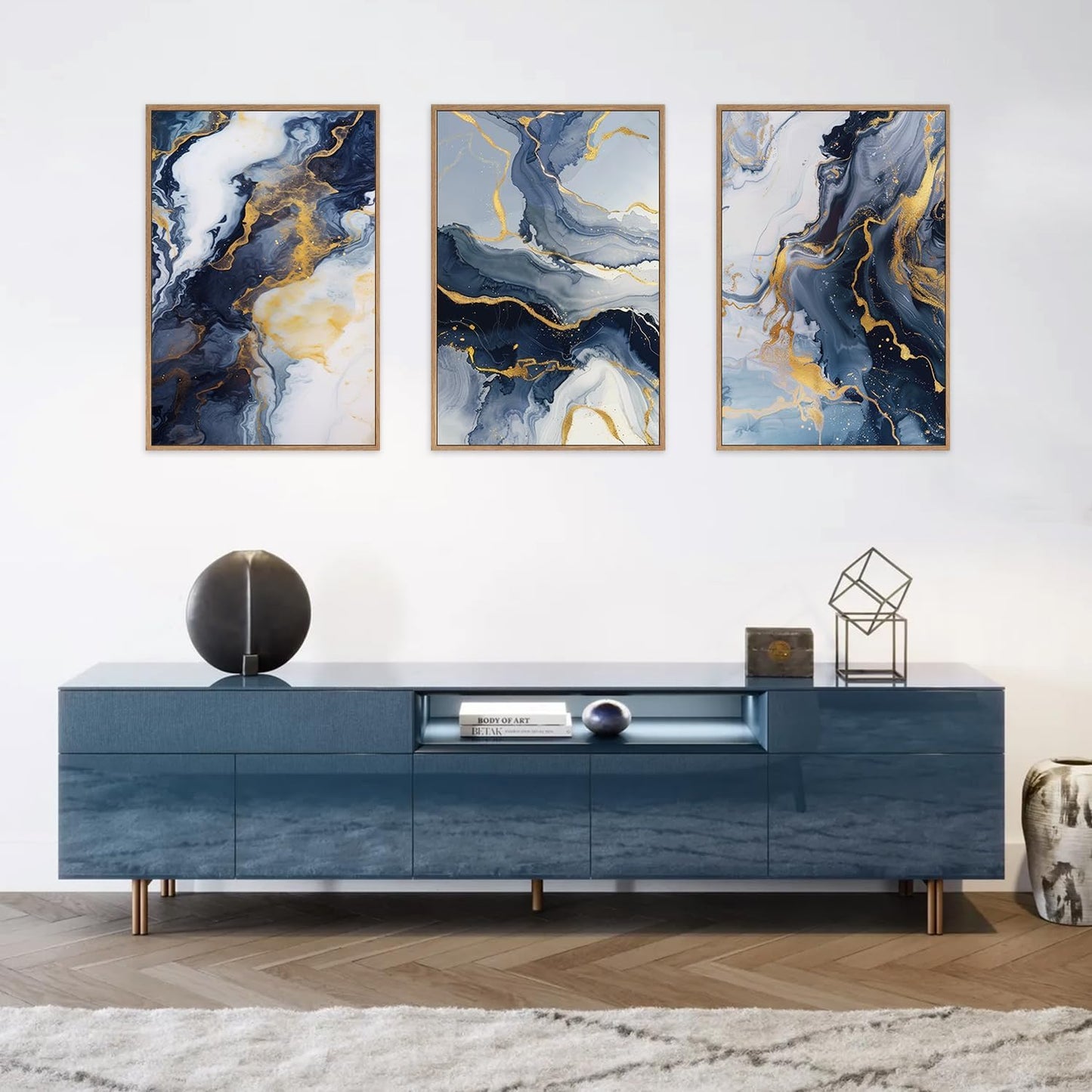 Blue and Gold Framed Canvas Wall Art Set, Mid-Century Modern Abstract Wall Decor, Navy Blue Ink Wash Painting, Neutral Art Print for Living Room, Bedroom, Dining Room, Office - 16"x24"x3