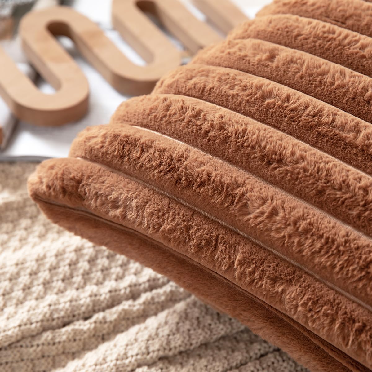 DEELAND Pack of 2,Double-Sided Faux Fur Plush Decorative Throw Pillow Covers Fuzzy Striped Soft Pillowcase Cushion Covers for Sofa Couch Bedroom Brown 26x26 inch